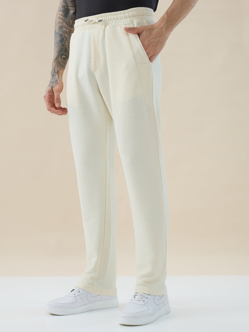 Men's Solid Textured Regular Fit Track Pants with Side Panels & Drawstring