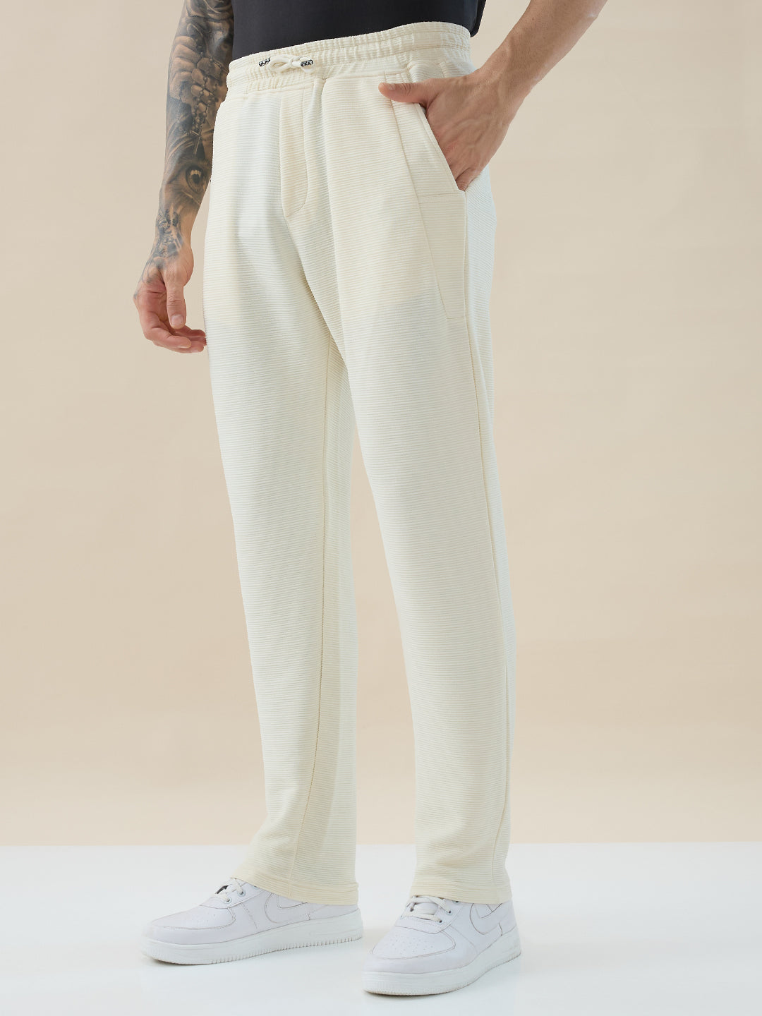 Men's Solid Textured Regular Fit Track Pants with Side Panels & Drawstring