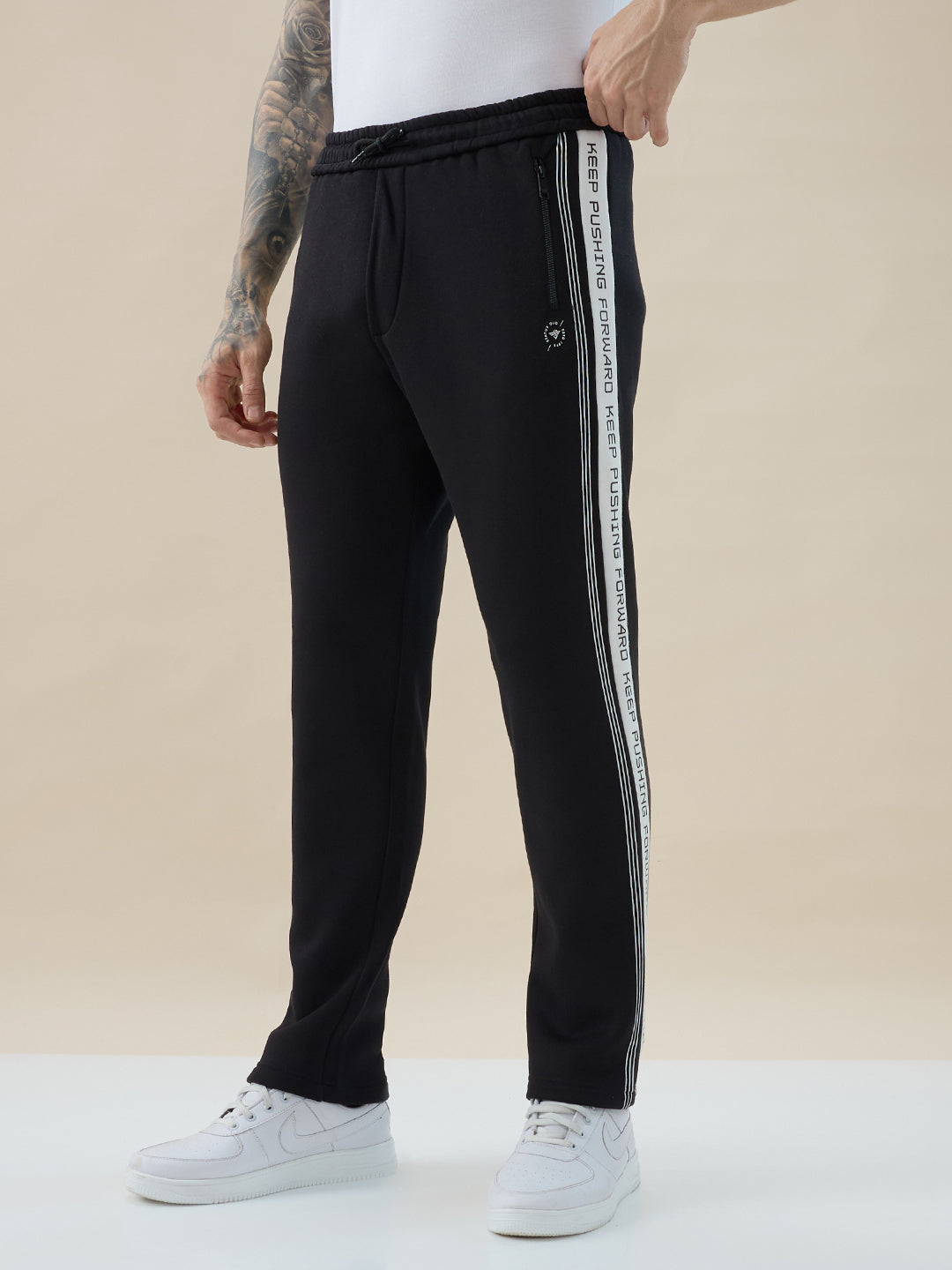 Men's Solid Regular Fit Fleece Trackpant with Side Zipper Pockets and Typography Stripe Secondary image