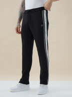 Men's Solid Regular Fit Fleece Trackpant with Side Zipper Pockets and Typography Stripe