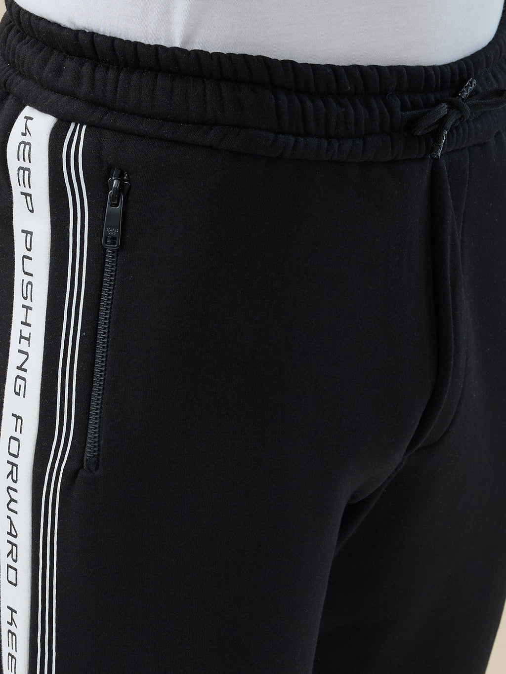 Men's Solid Regular Fit Fleece Trackpant with Side Zipper Pockets and Typography Stripe