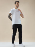 Men's Solid Regular Fit Fleece Trackpant with Side Zipper Pockets and Typography Stripe