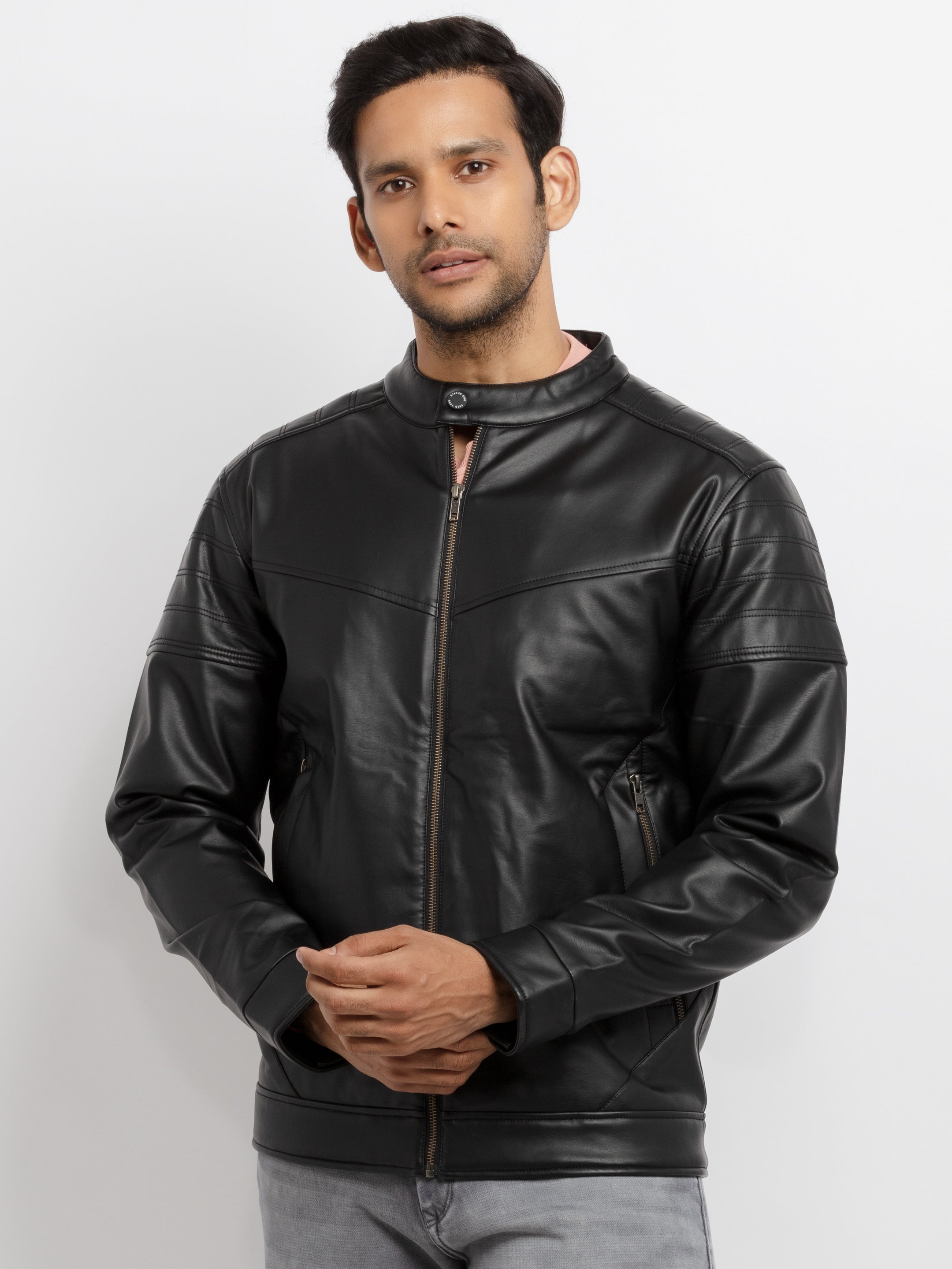 Mens Solid PU High Neck Jacket Secondary image