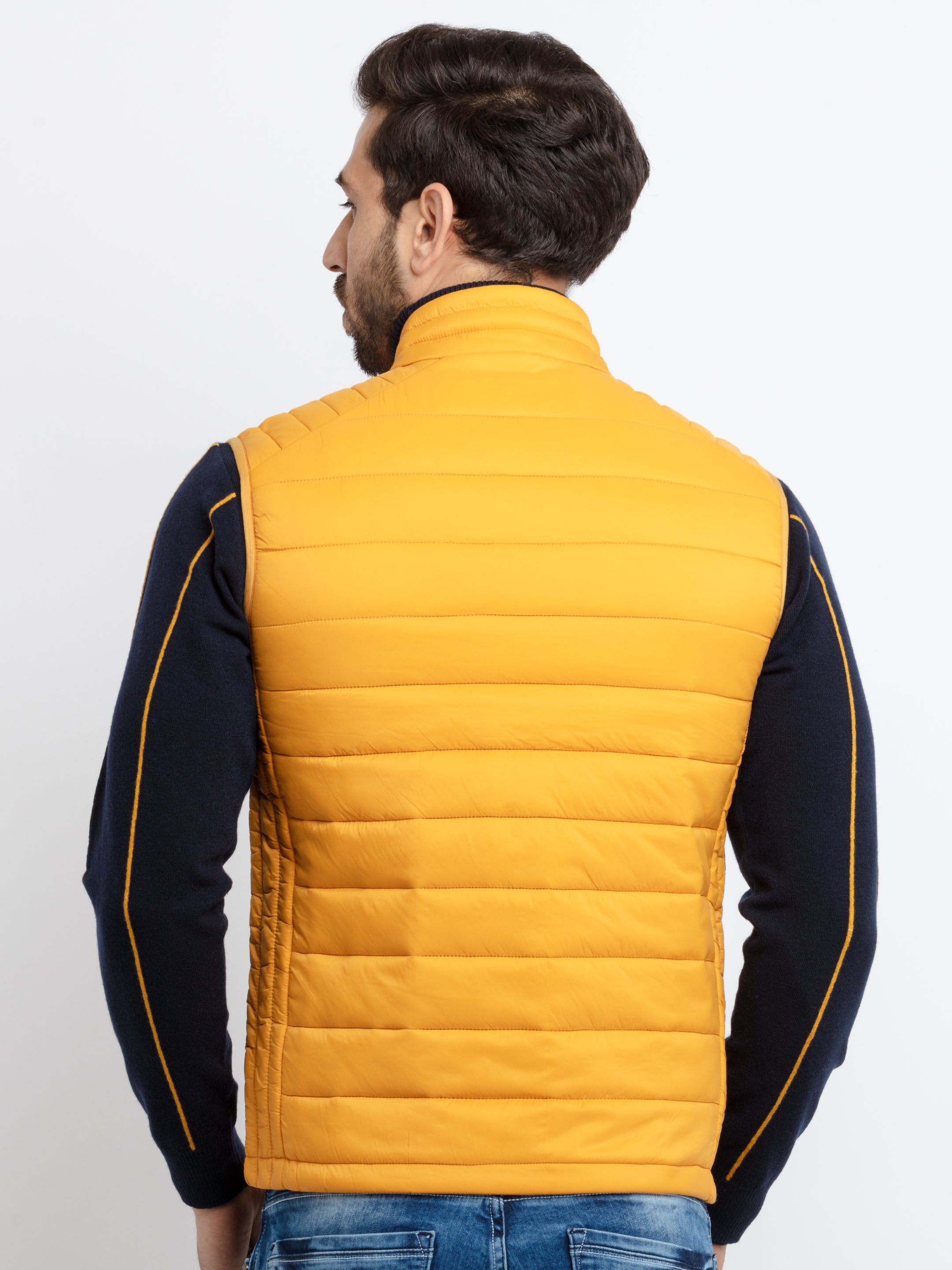 Buy Mustard High Neck Sleeveless Jacket for Men Status Quo