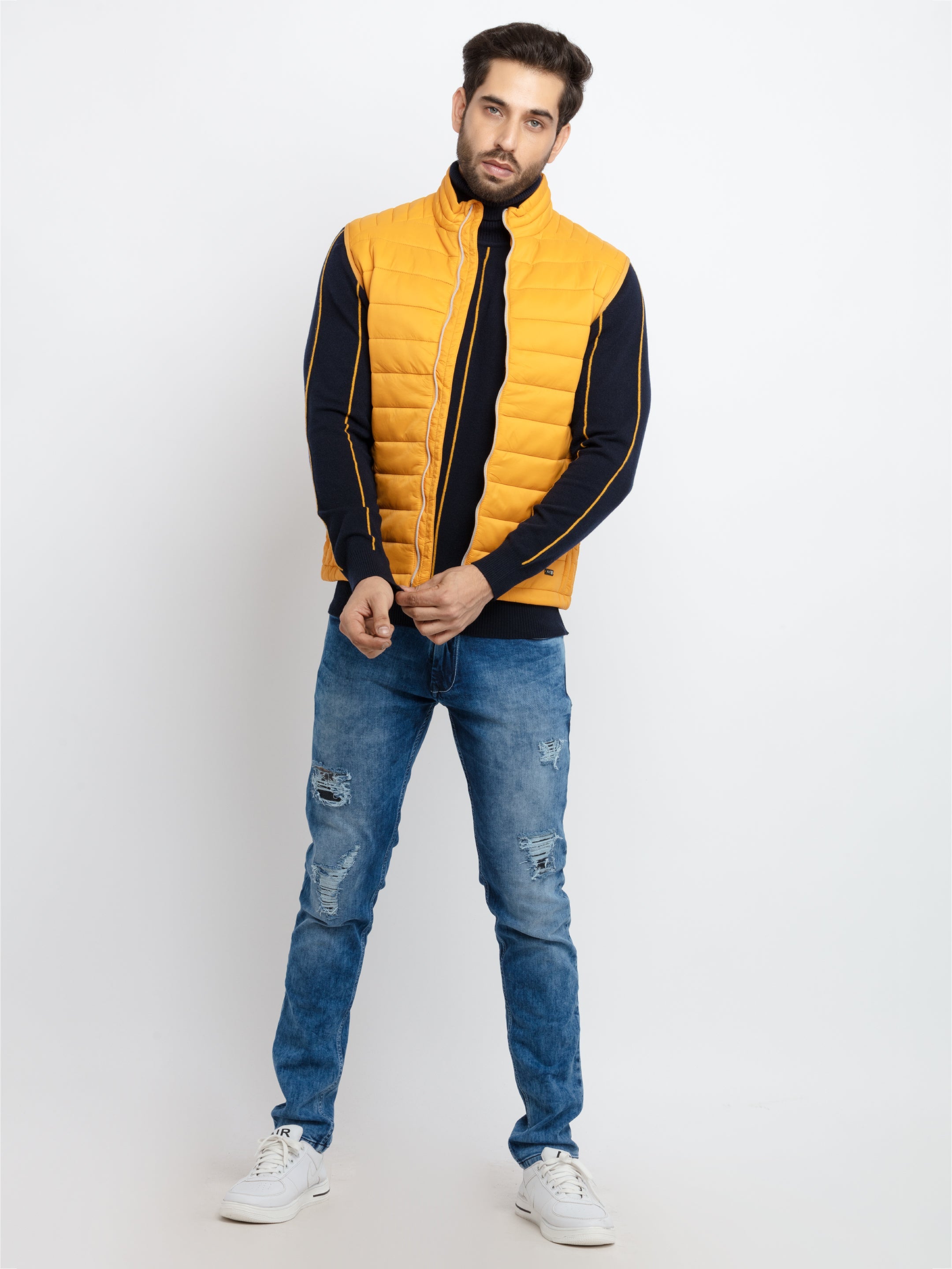 Buy Mustard High Neck Sleeveless Jacket for Men Status Quo