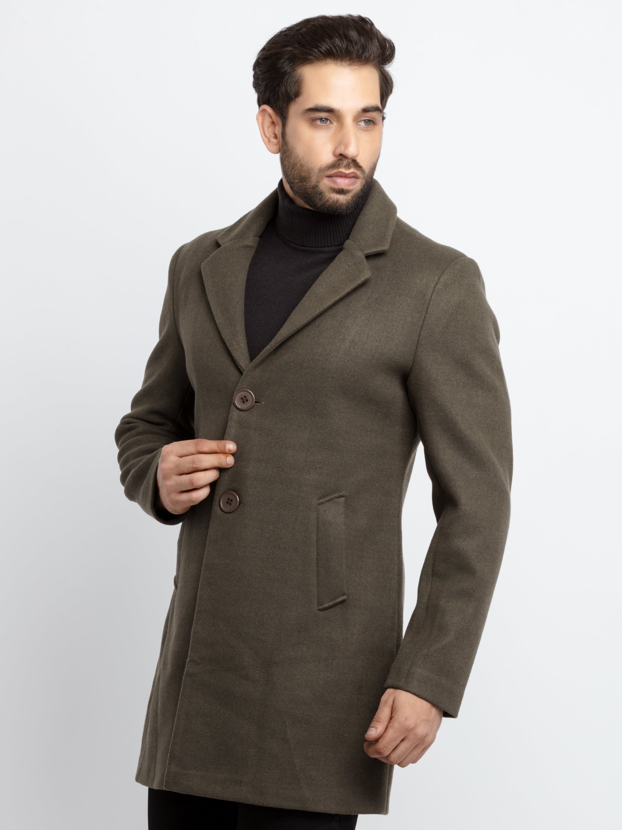 Mens Knitted Collar Neck Long Overcoat - S / Olive / JKT-22800-Olive