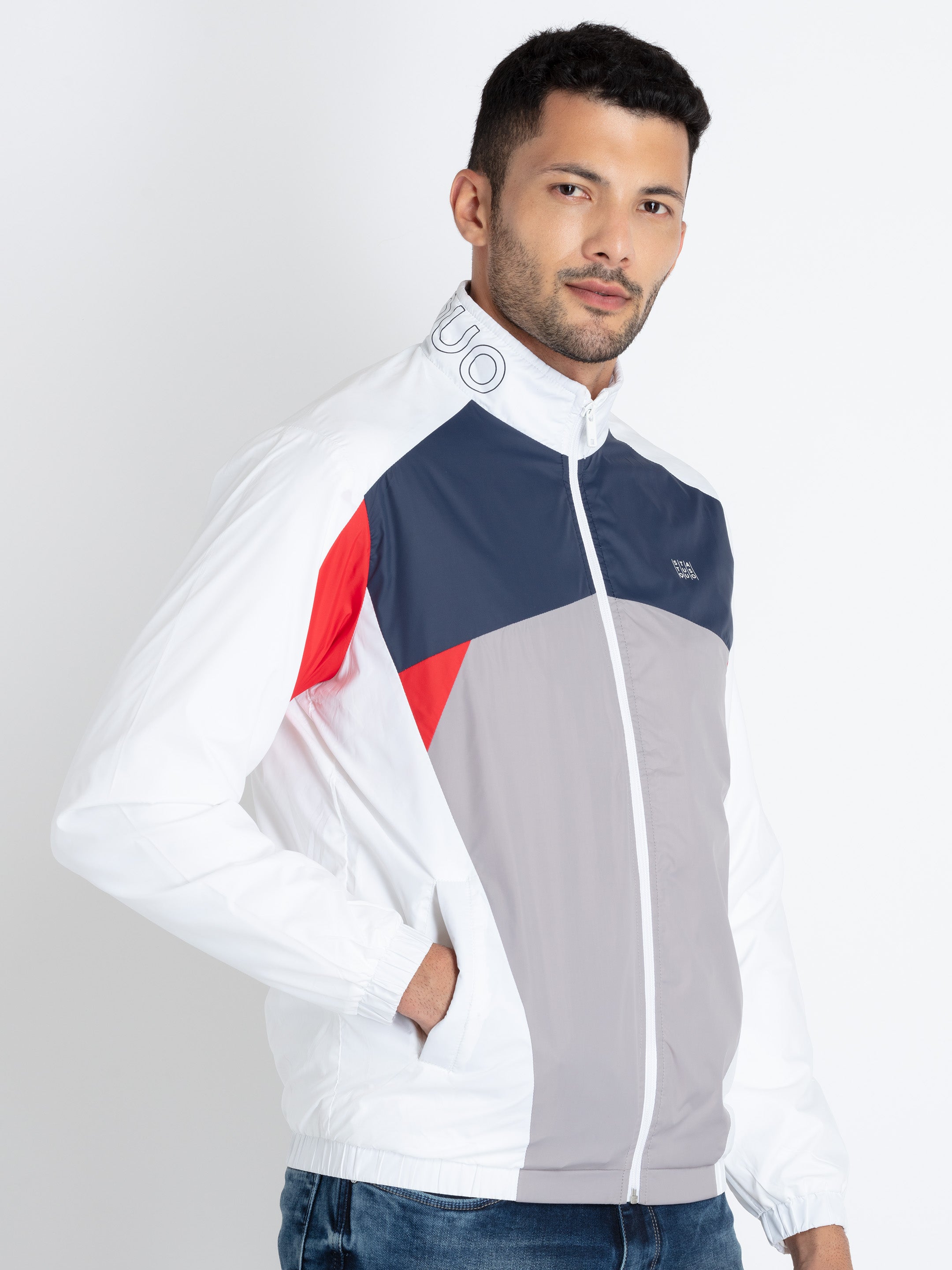 Buy White/Navy Cut & Sew High Neck Jacket for Men | Status Quo