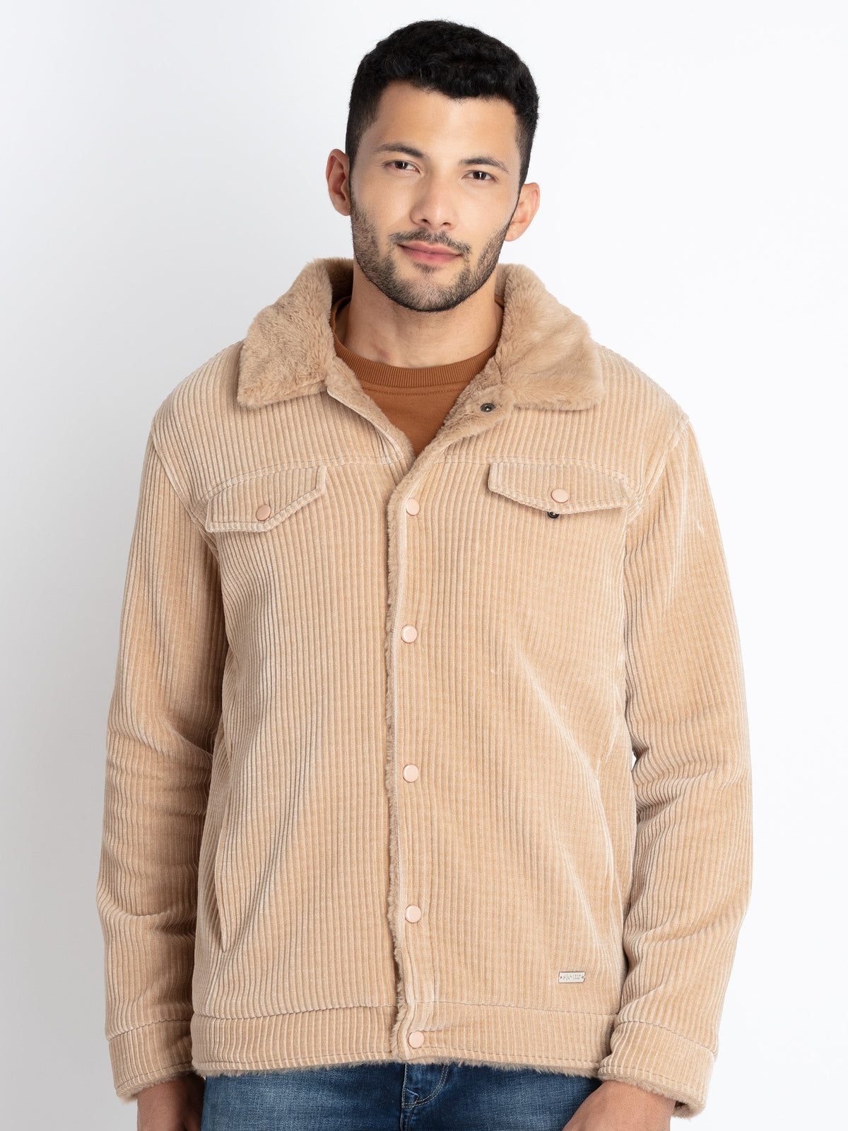 Buy Beige Spread Collar Corduroy Jacket for Men Status Quo