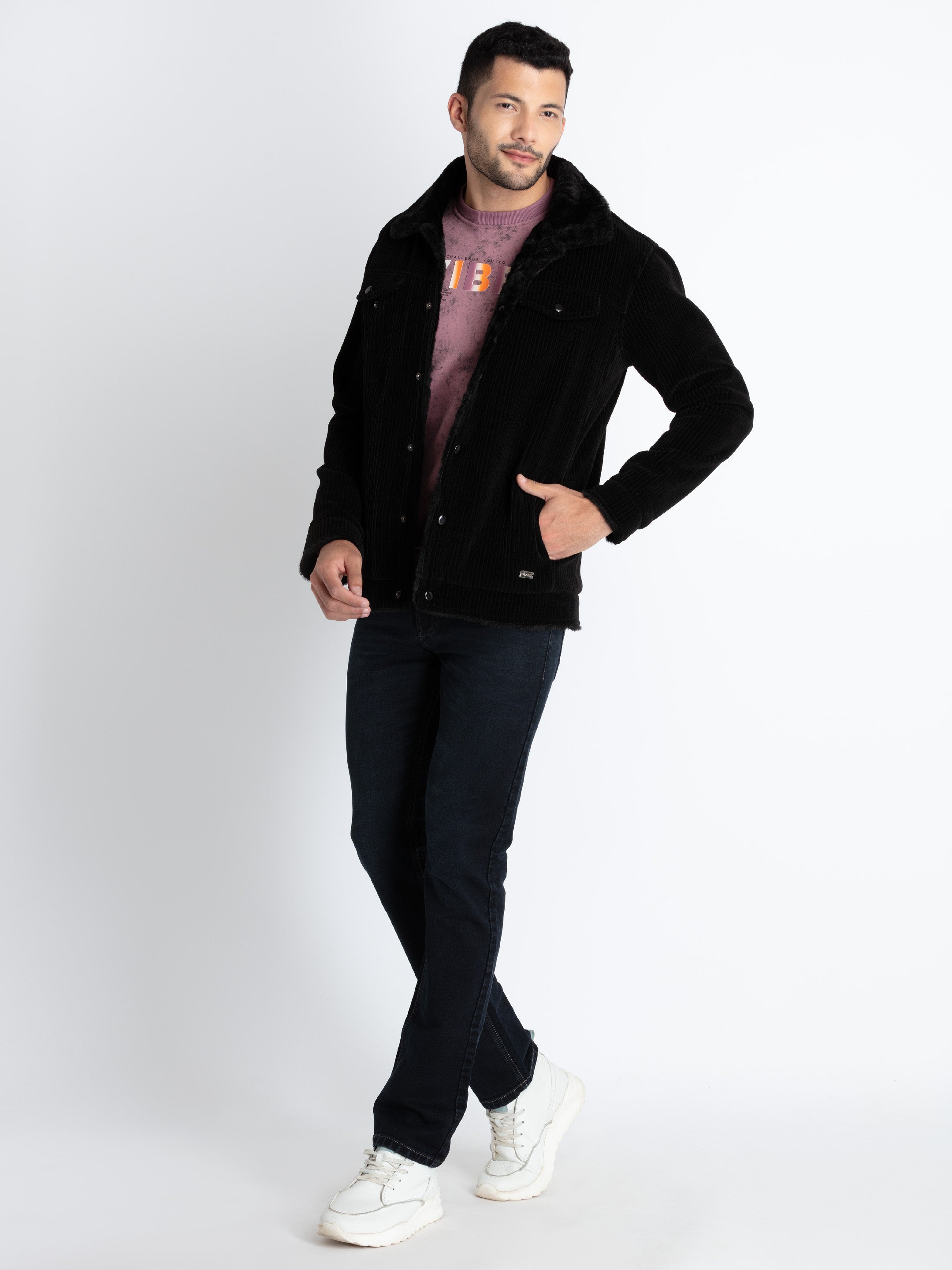 Buy Black Spread Collar Corduroy Jacket for Men Status Quo