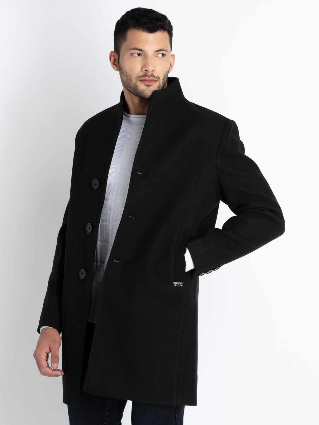 Mens Solid High Neck Long Coat