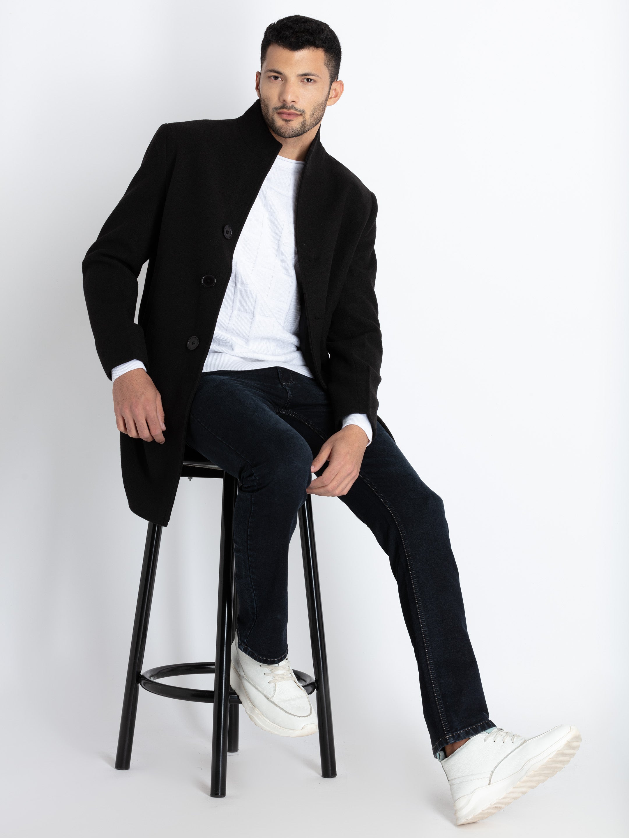 Mens Solid High Neck Long Coat