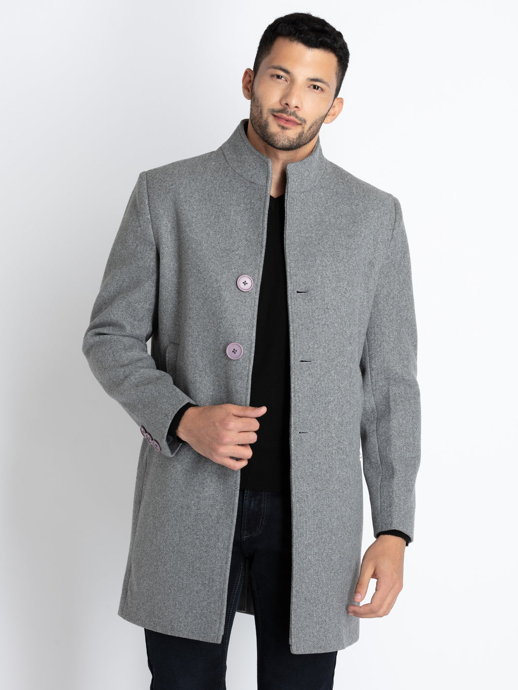 Mens Solid High Neck Long Coat