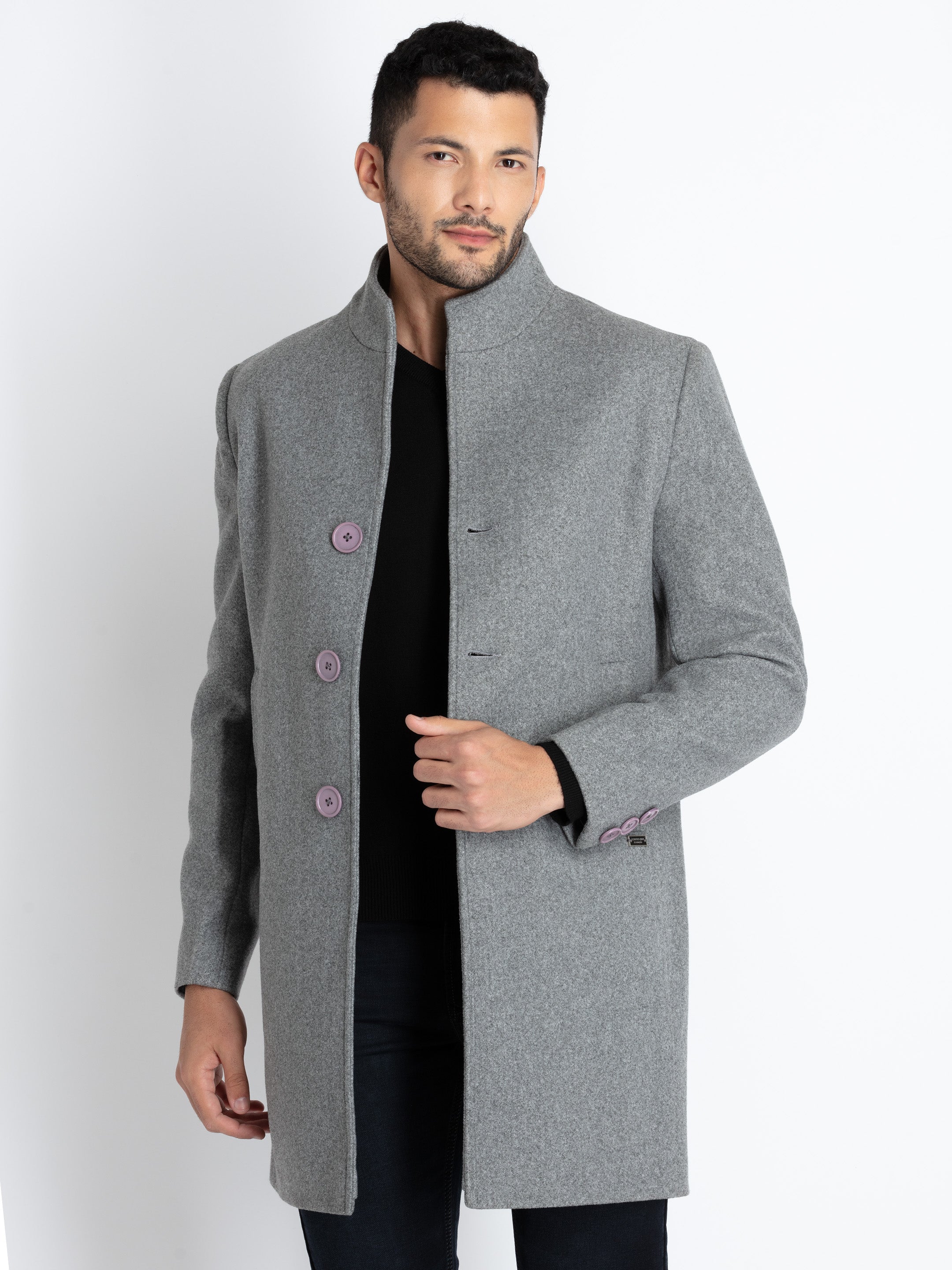 Mens Solid High Neck Long Coat