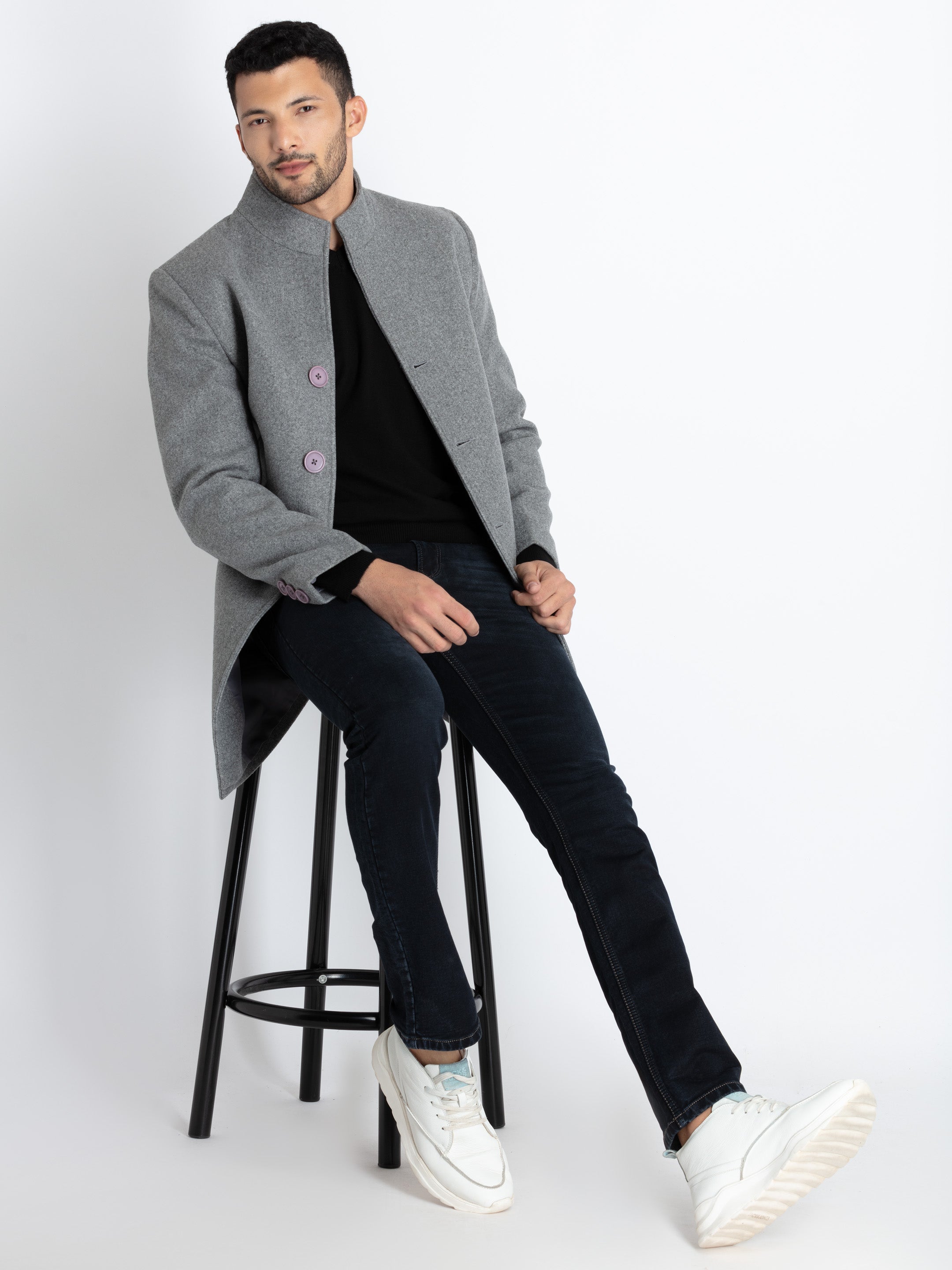 Mens Solid High Neck Long Coat M GREY JKT-23678-GREY