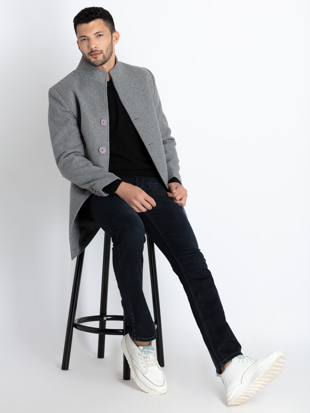 Mens Solid High Neck Long Coat