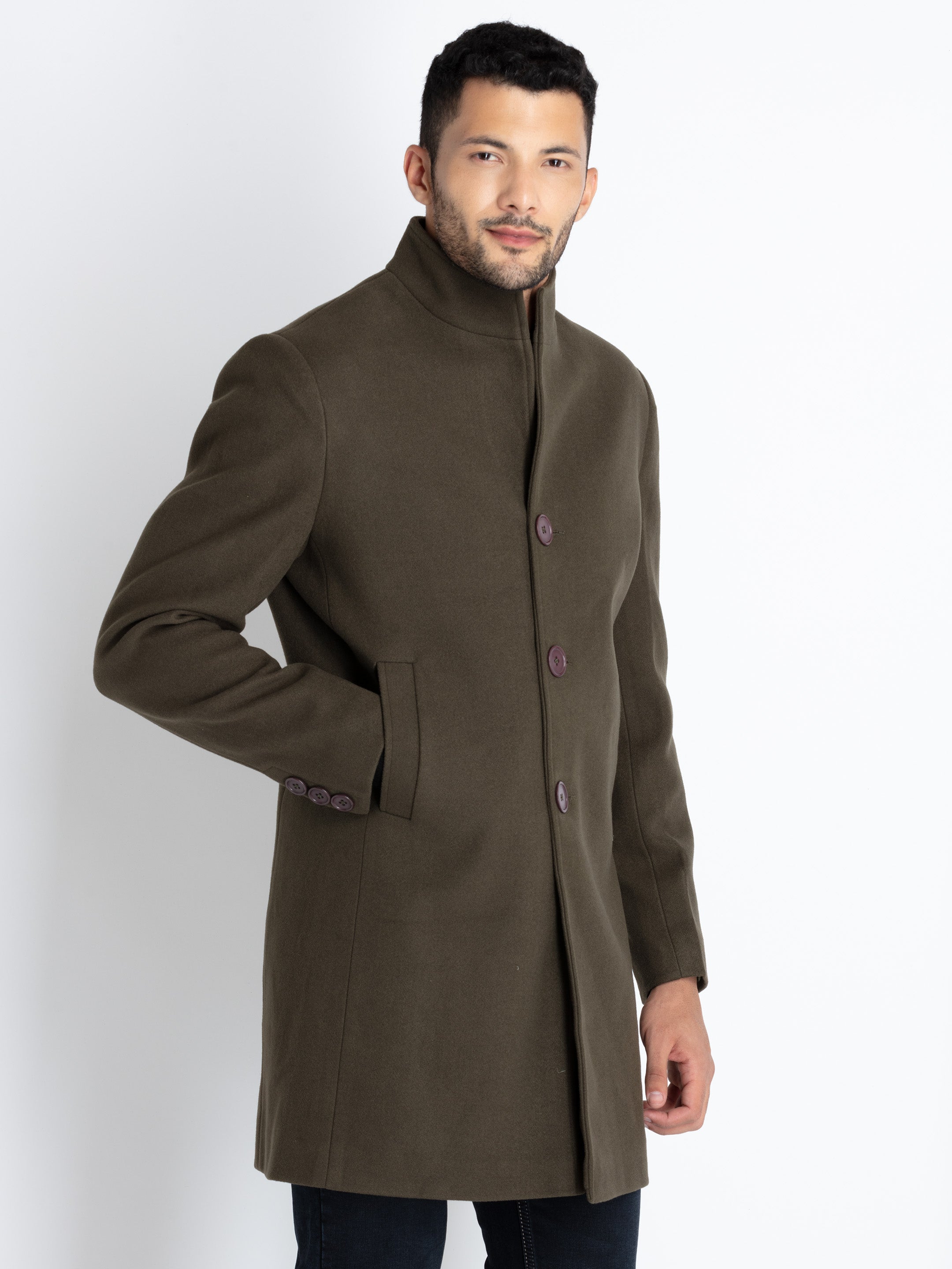 Mens Solid High Neck Long Coat M OLIVE JKT-23678-OLIVE
