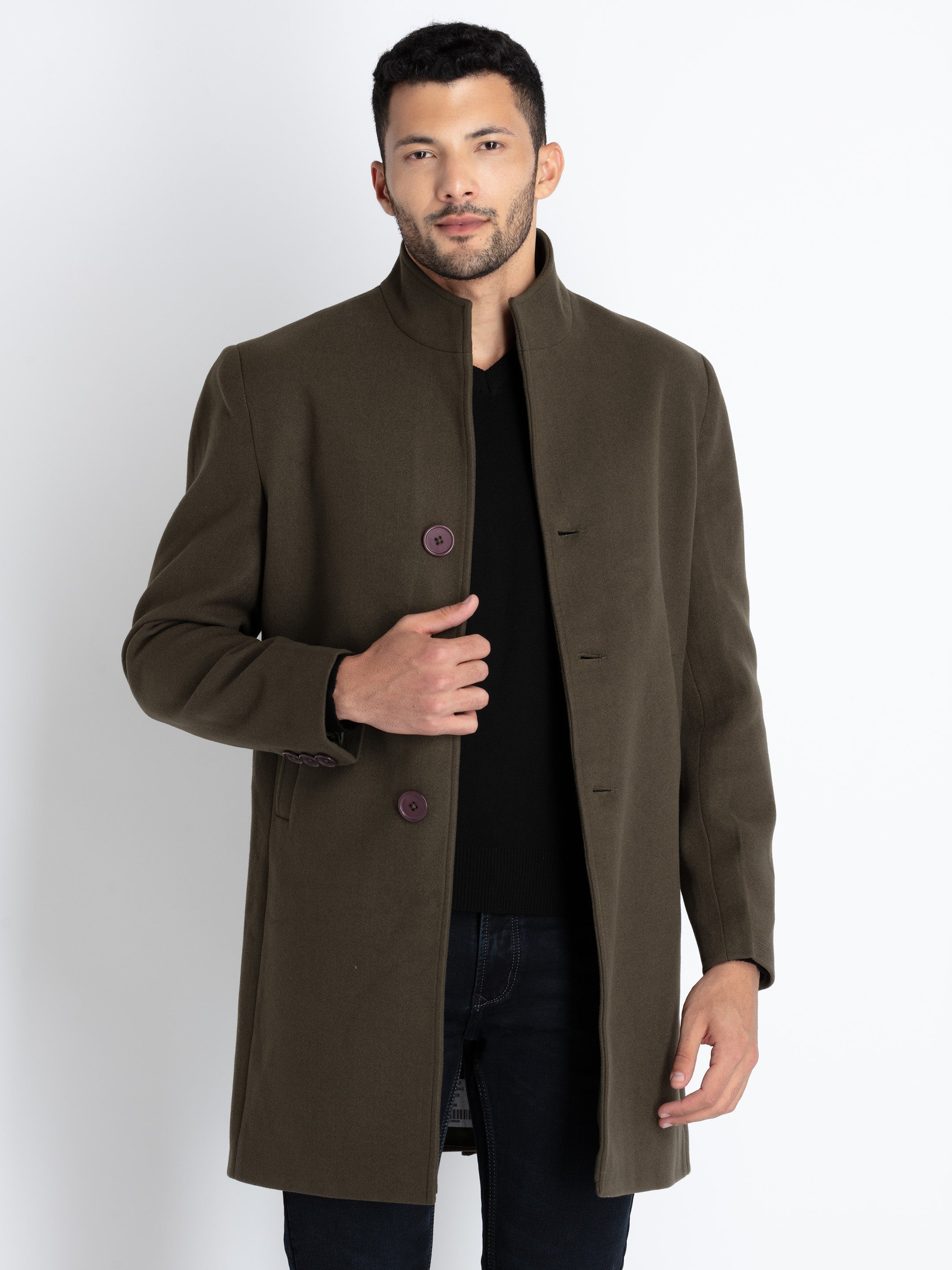 Mens Solid High Neck Long Coat
