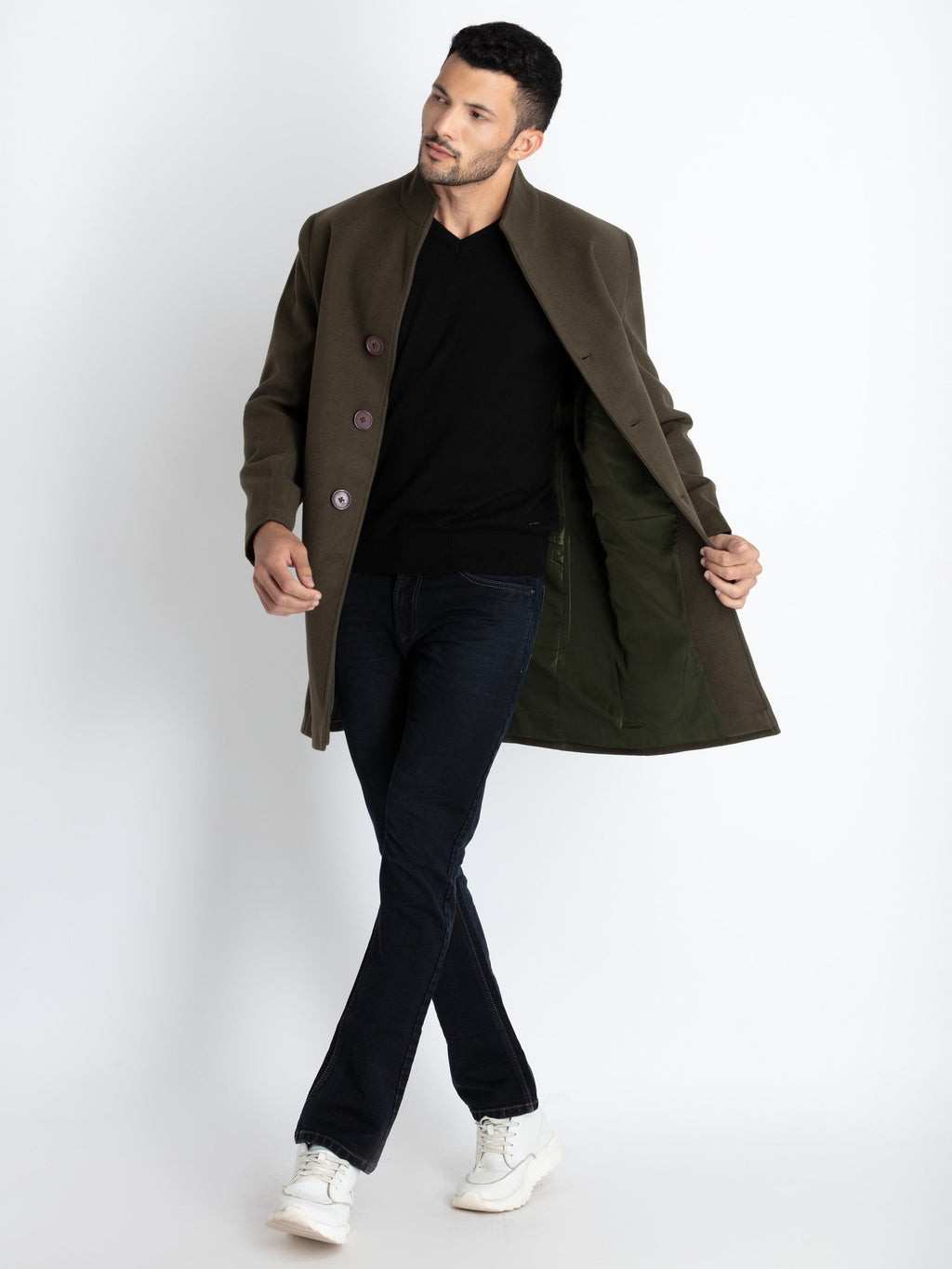 Mens Solid High Neck Long Coat