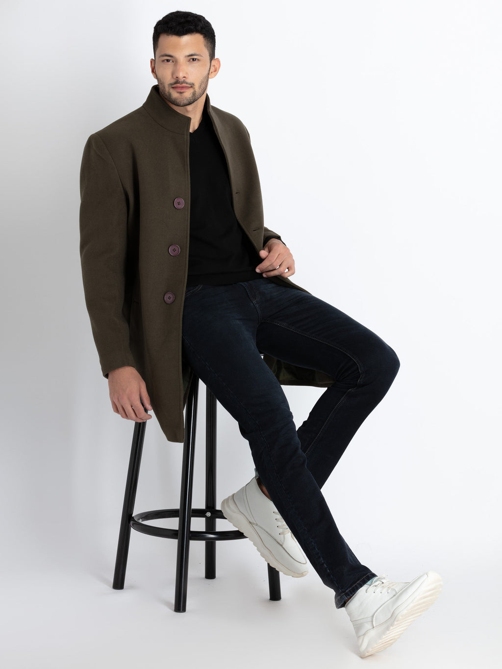 Mens Solid High Neck Long Coat