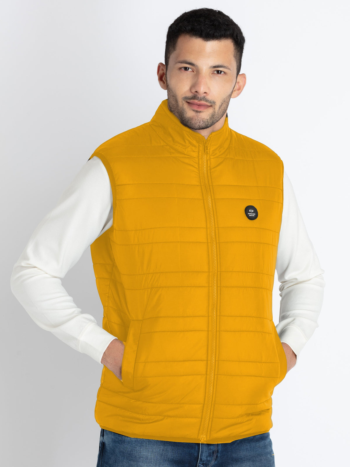 Mustard sleeveless jacket best sale