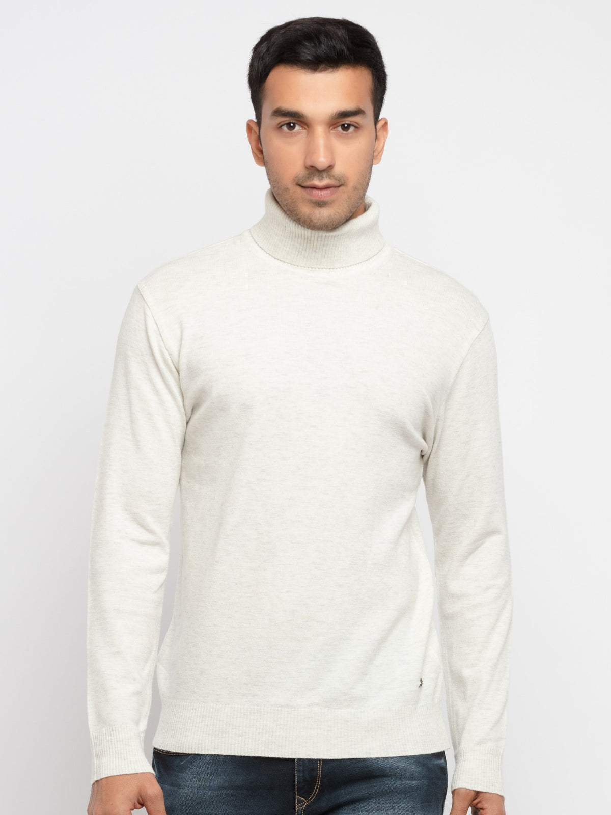 Buy Ecru Mel Solid High Neck Sweater for Men Status Quo