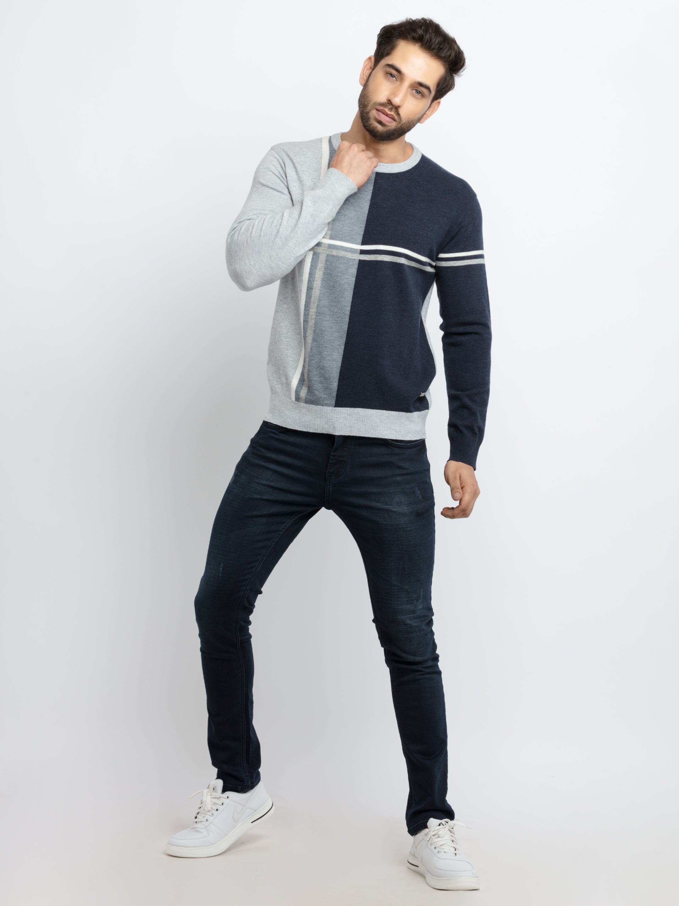 Mens Colour Blocking Round Neck Sweater