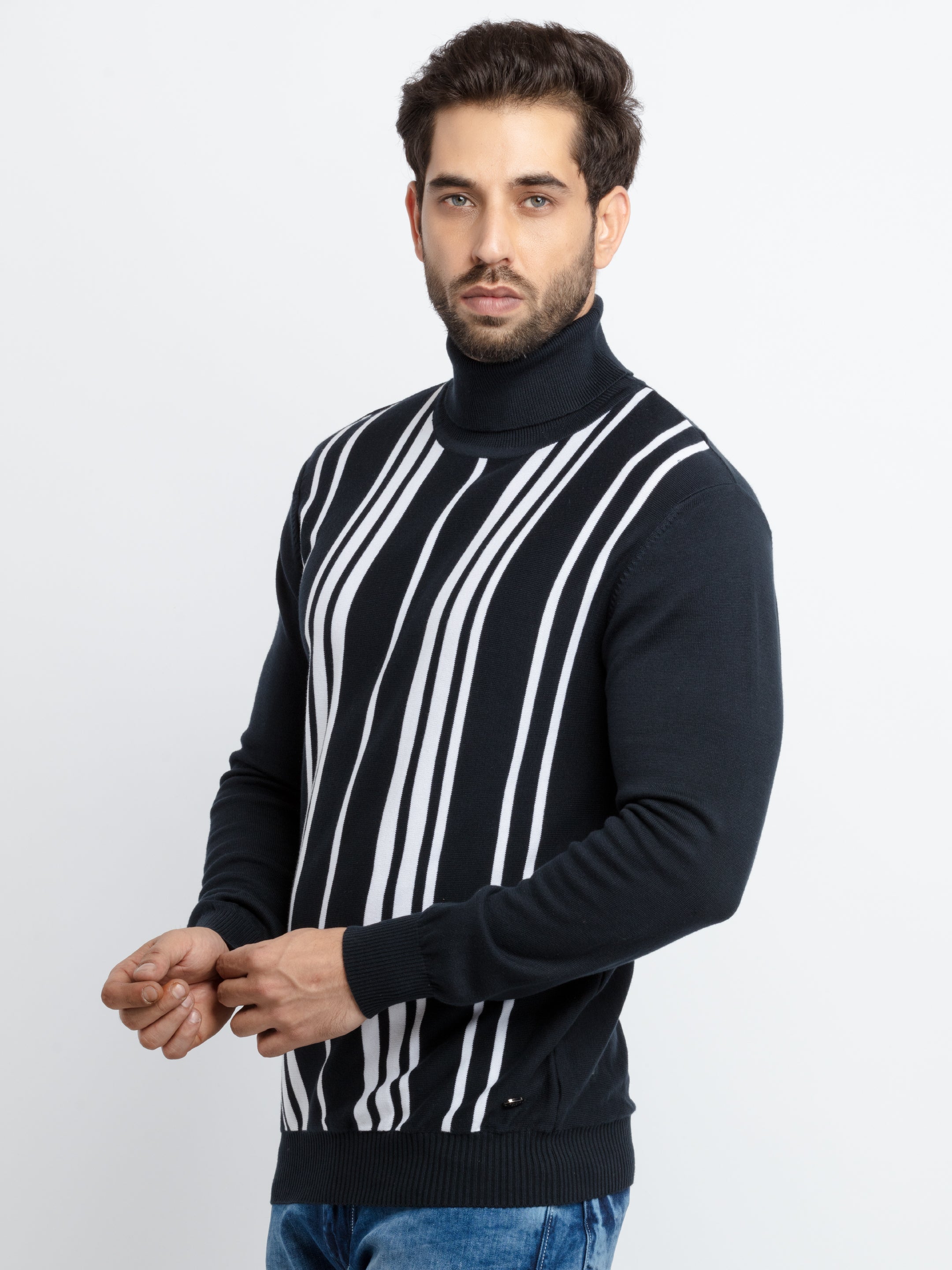 Mens Striped Turtle Neck Sweater