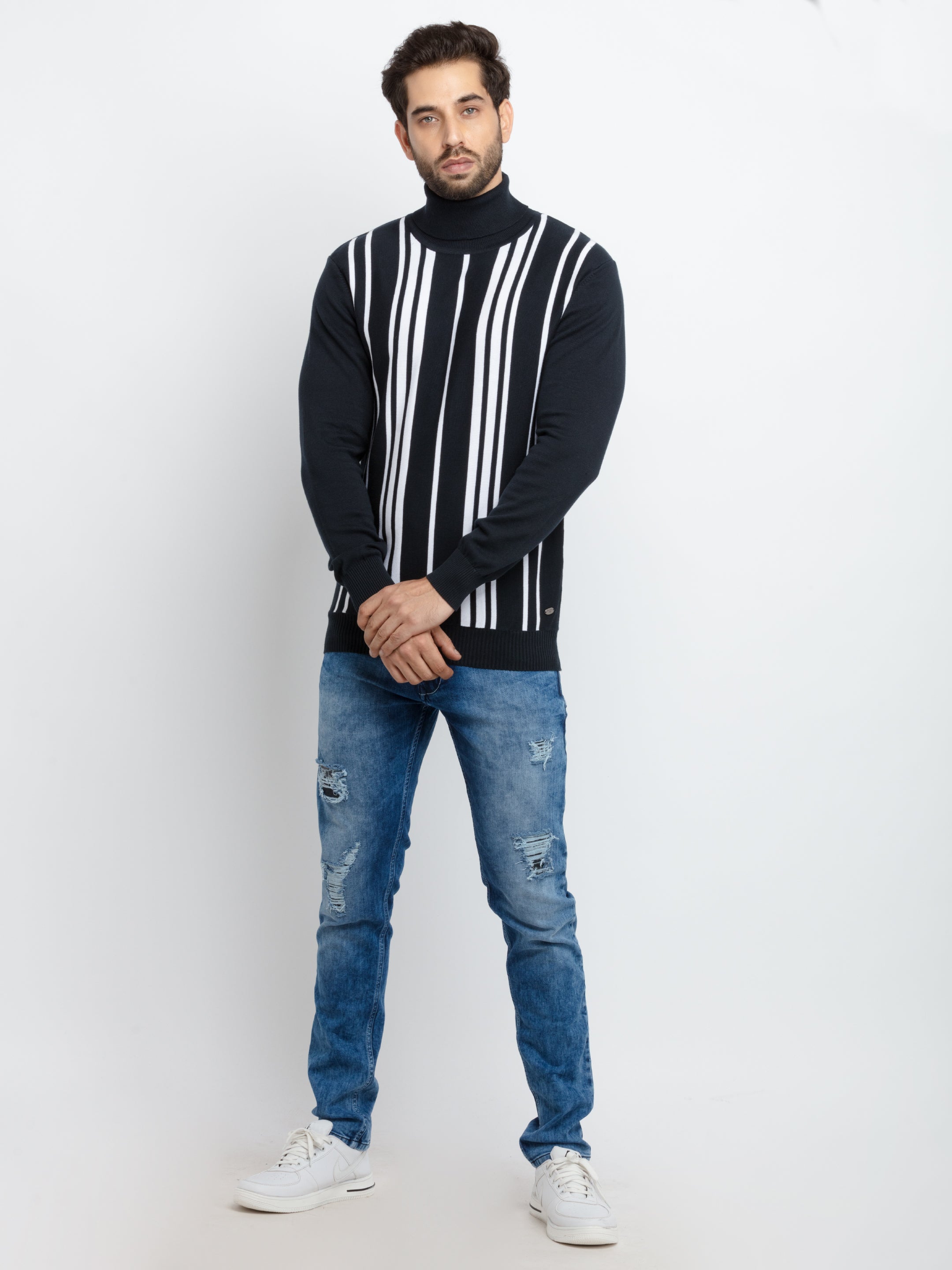 Mens Striped Turtle Neck Sweater