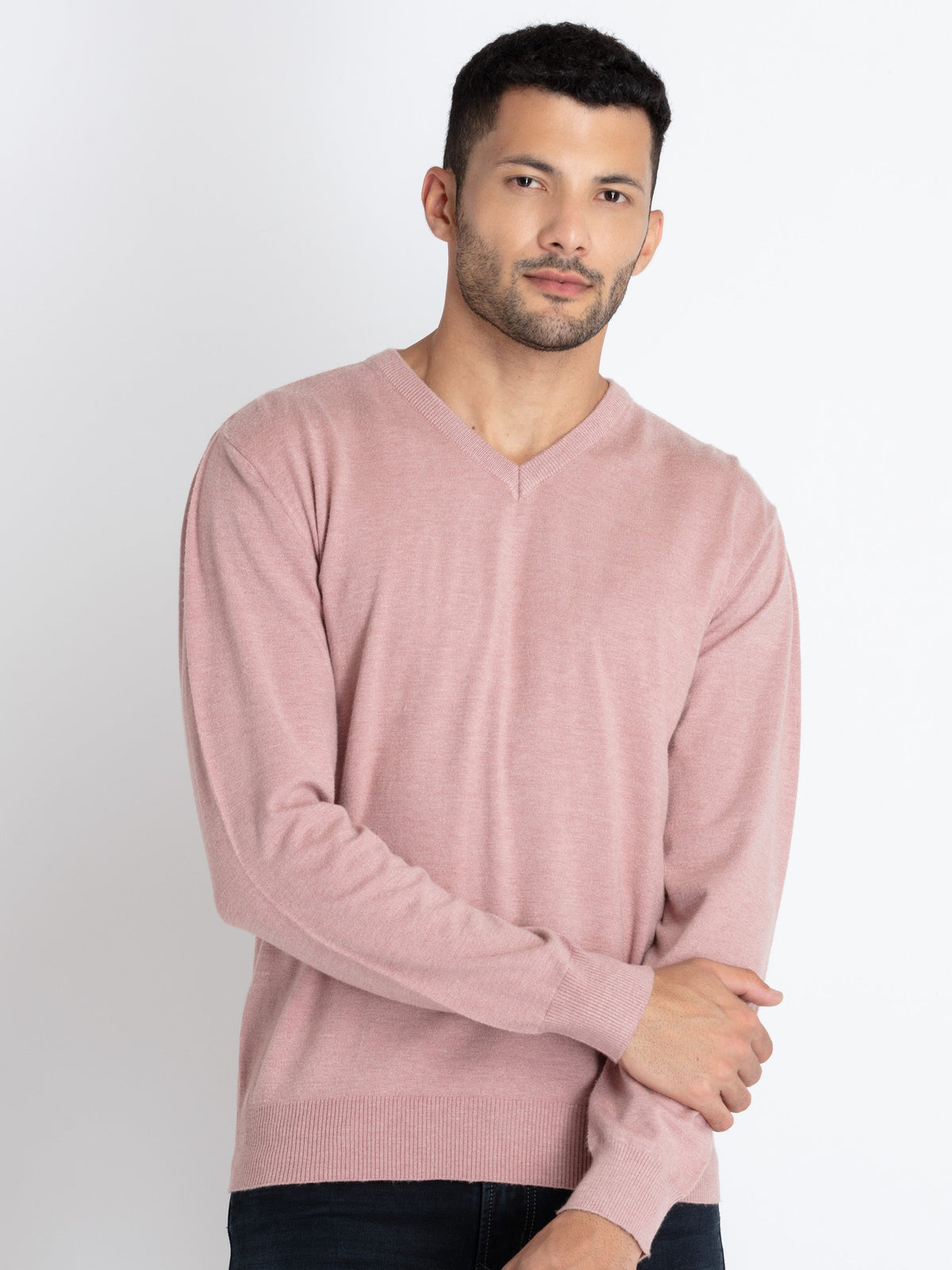 Mens Solid V-Neck Sweater S PINK SQ-FK-23709-PINK