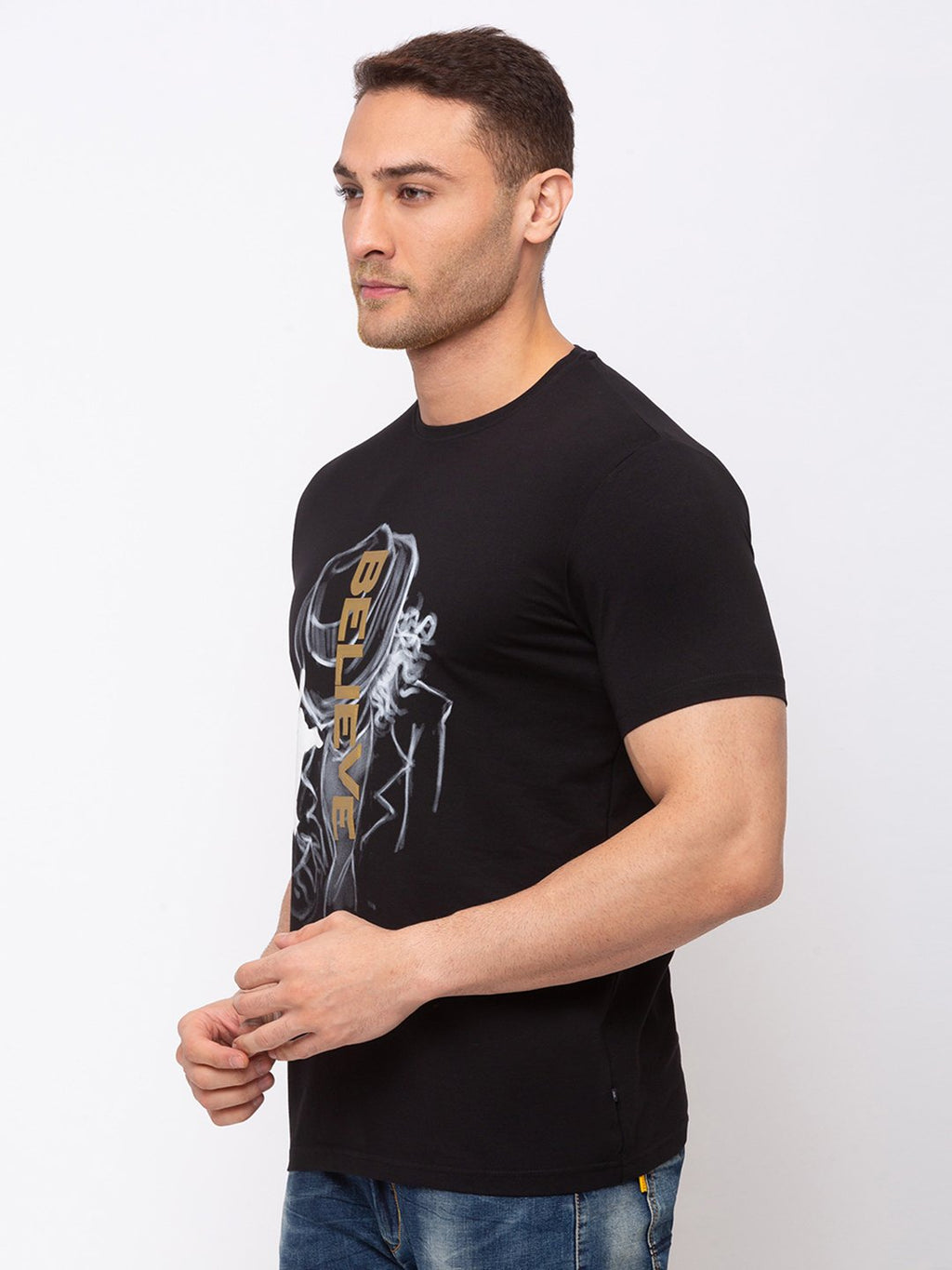Chest Print Round Neck T-shirt with HD Print