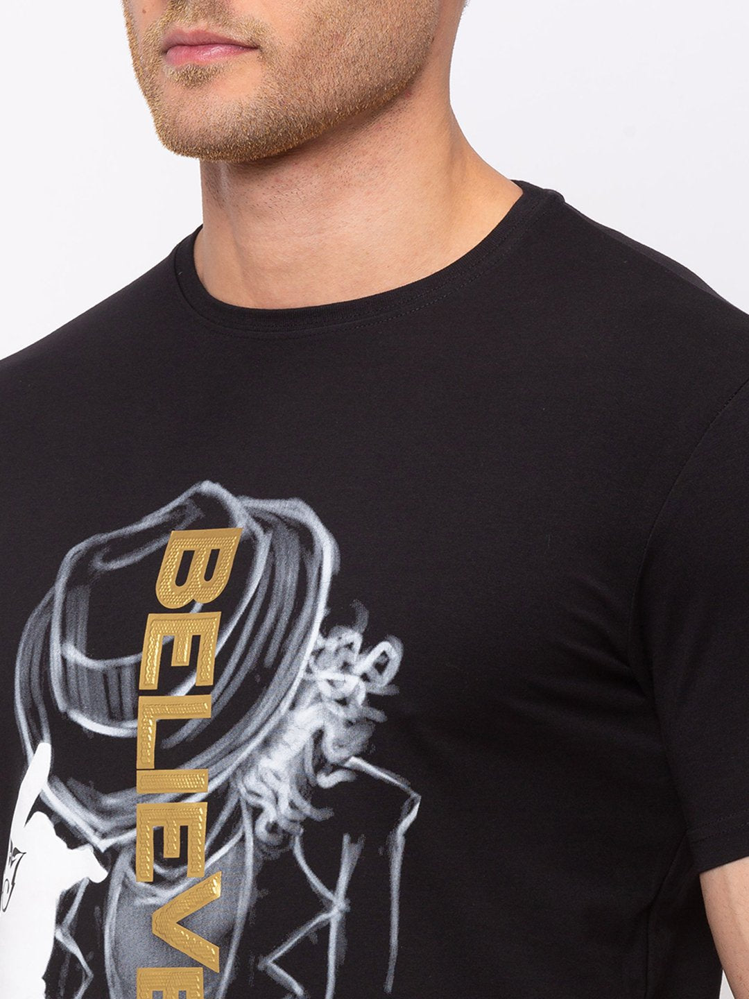 Chest Print Round Neck T-shirt with HD Print