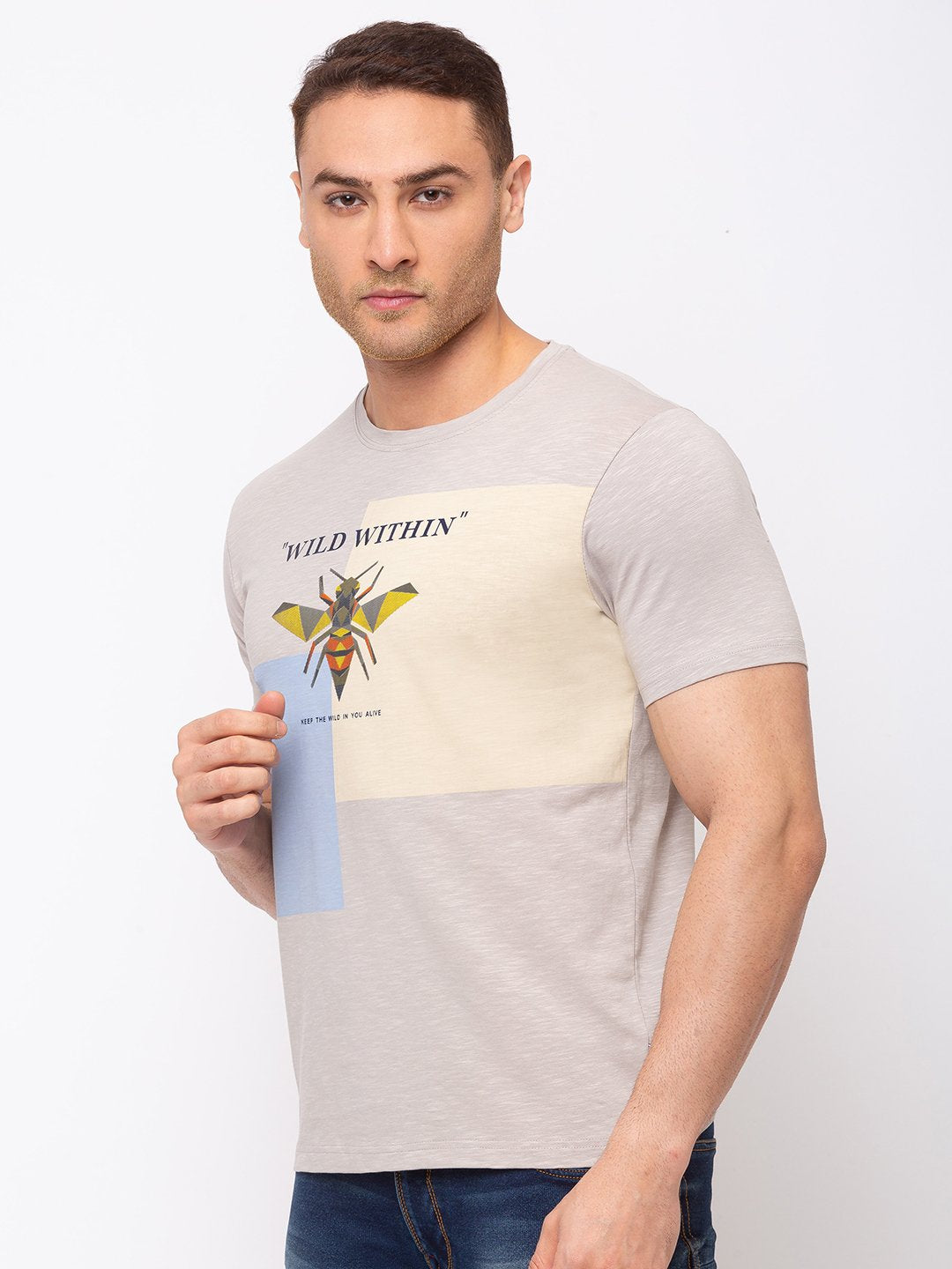 Chest Print Round Neck T-shirt with HD Print