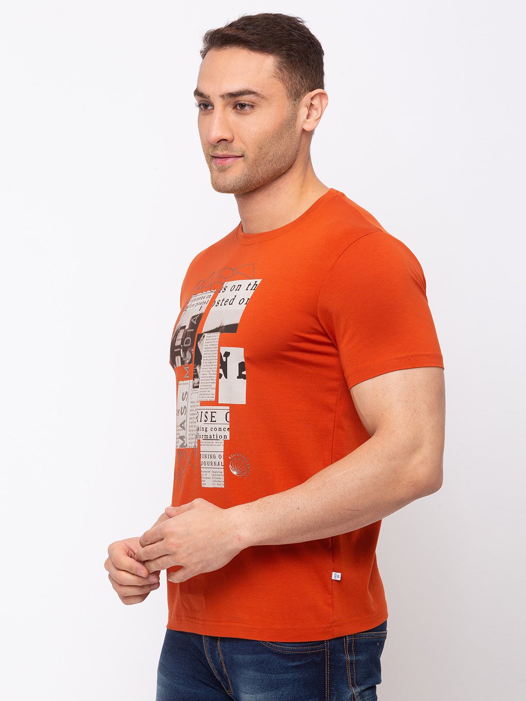 Chest Print Round Neck T-shirt with HD Print