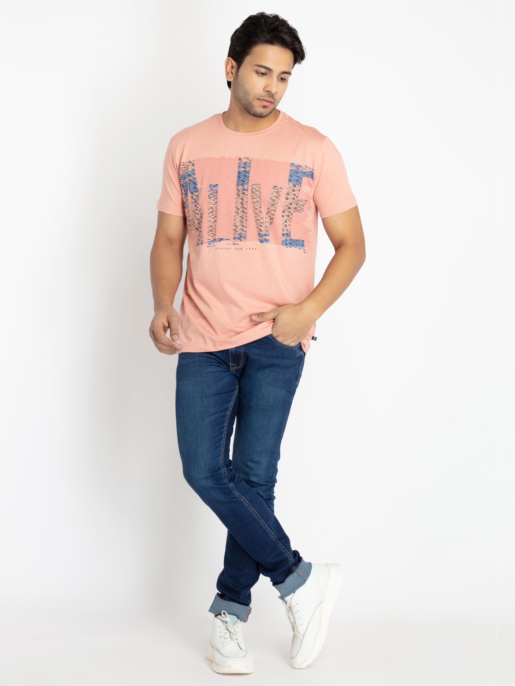 Mens Front Printed Round Neck T-shirt