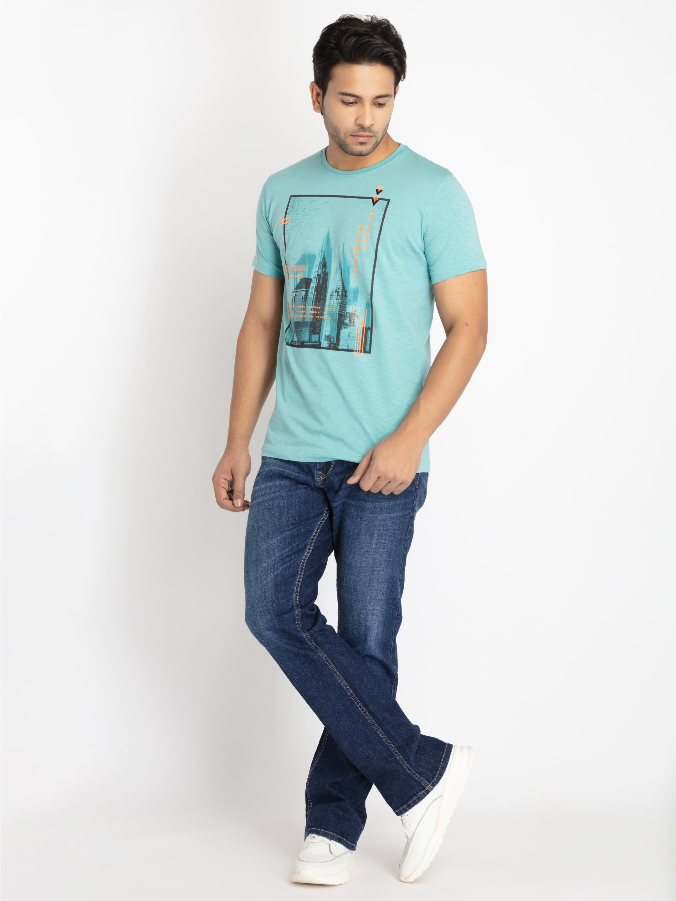 Mens Front Printed Round Neck T-shirt