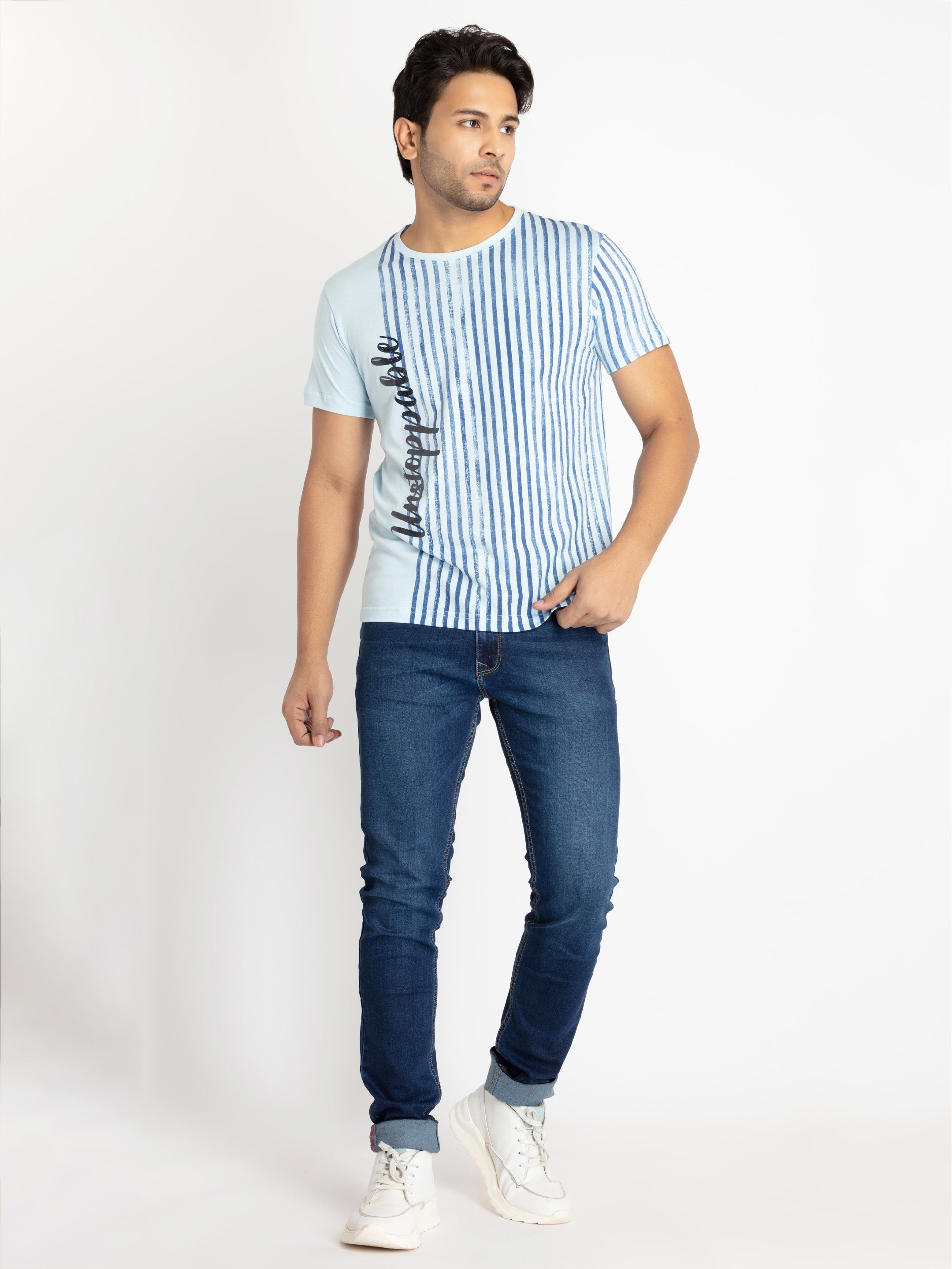 Mens Front Printed Round Neck T-shirt