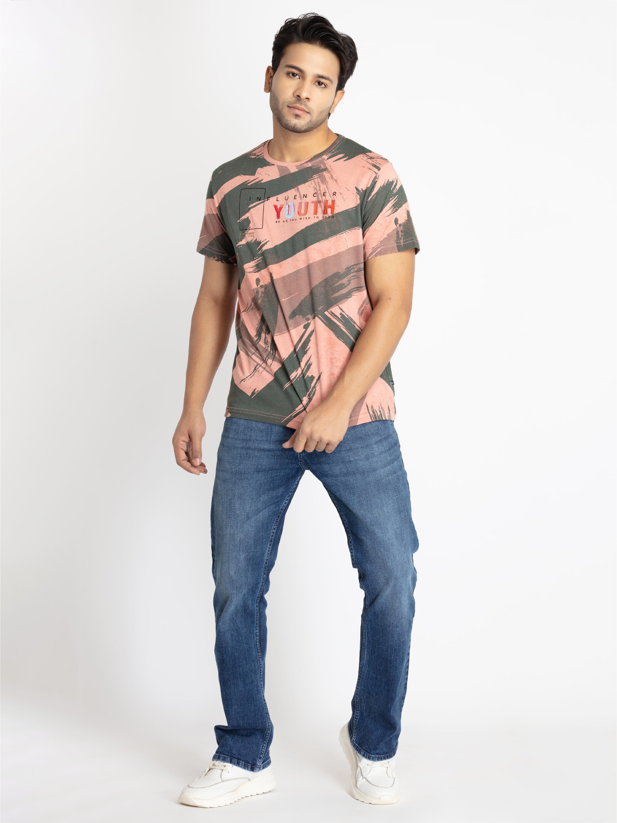 Mens Front Printed Round Neck T-shirt