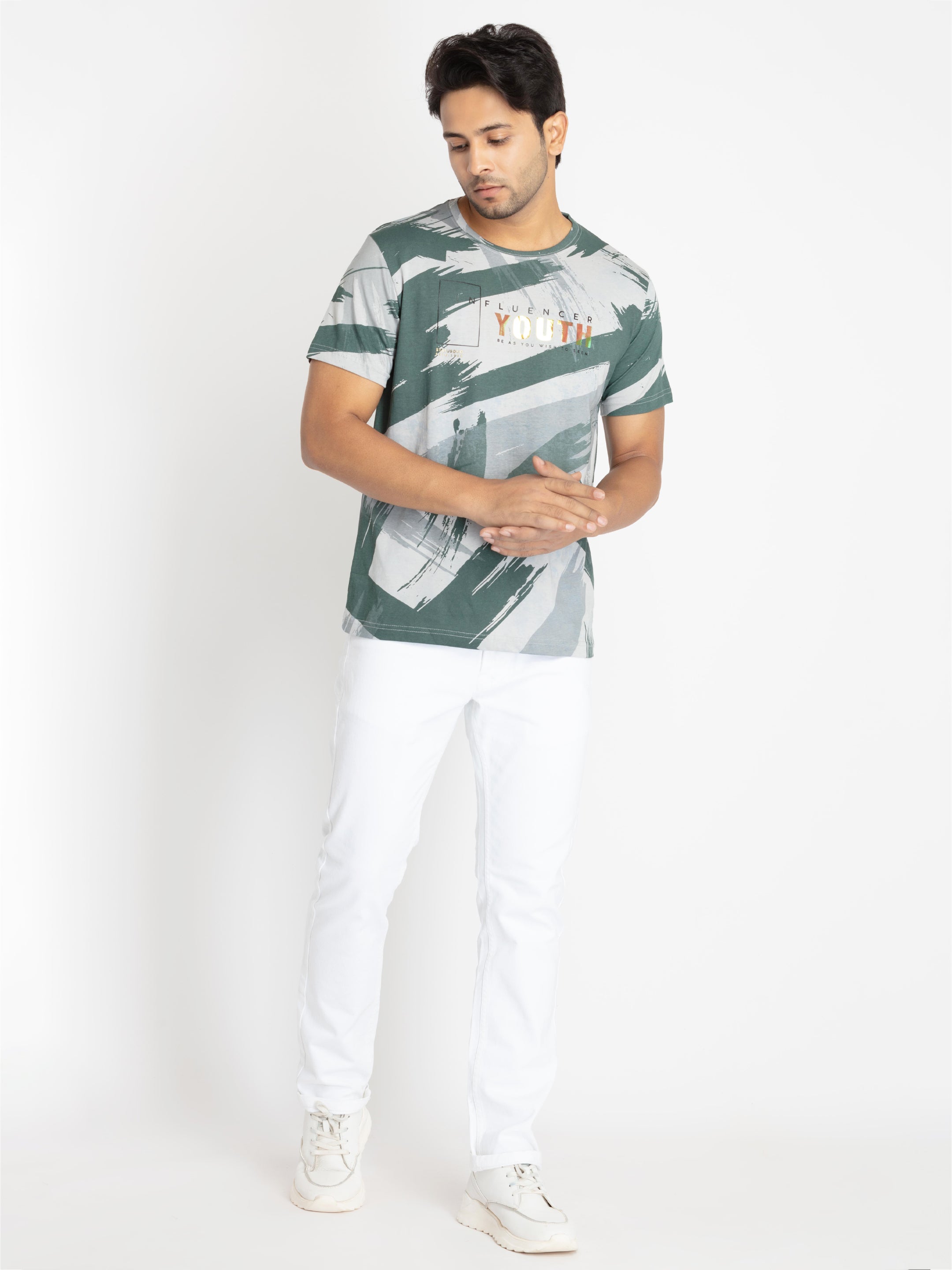 Mens Front Printed Round Neck T-shirt