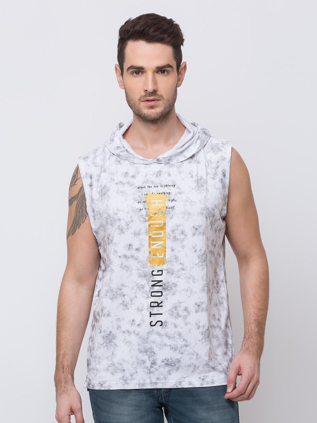 Status Quo |OFF WHITE Round Neck With Hood Sleevless T-Shirt - M, L, XL, XXL