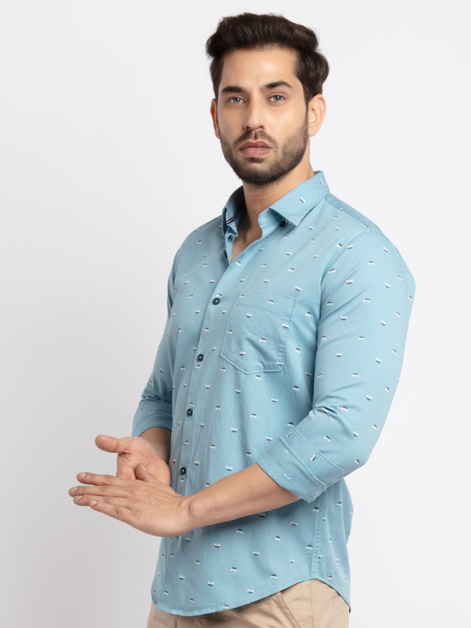 Mens Slim Fit Printed Cotton Shirt XXL SKY BLUE SQ-SS-22271-SKY BLUE