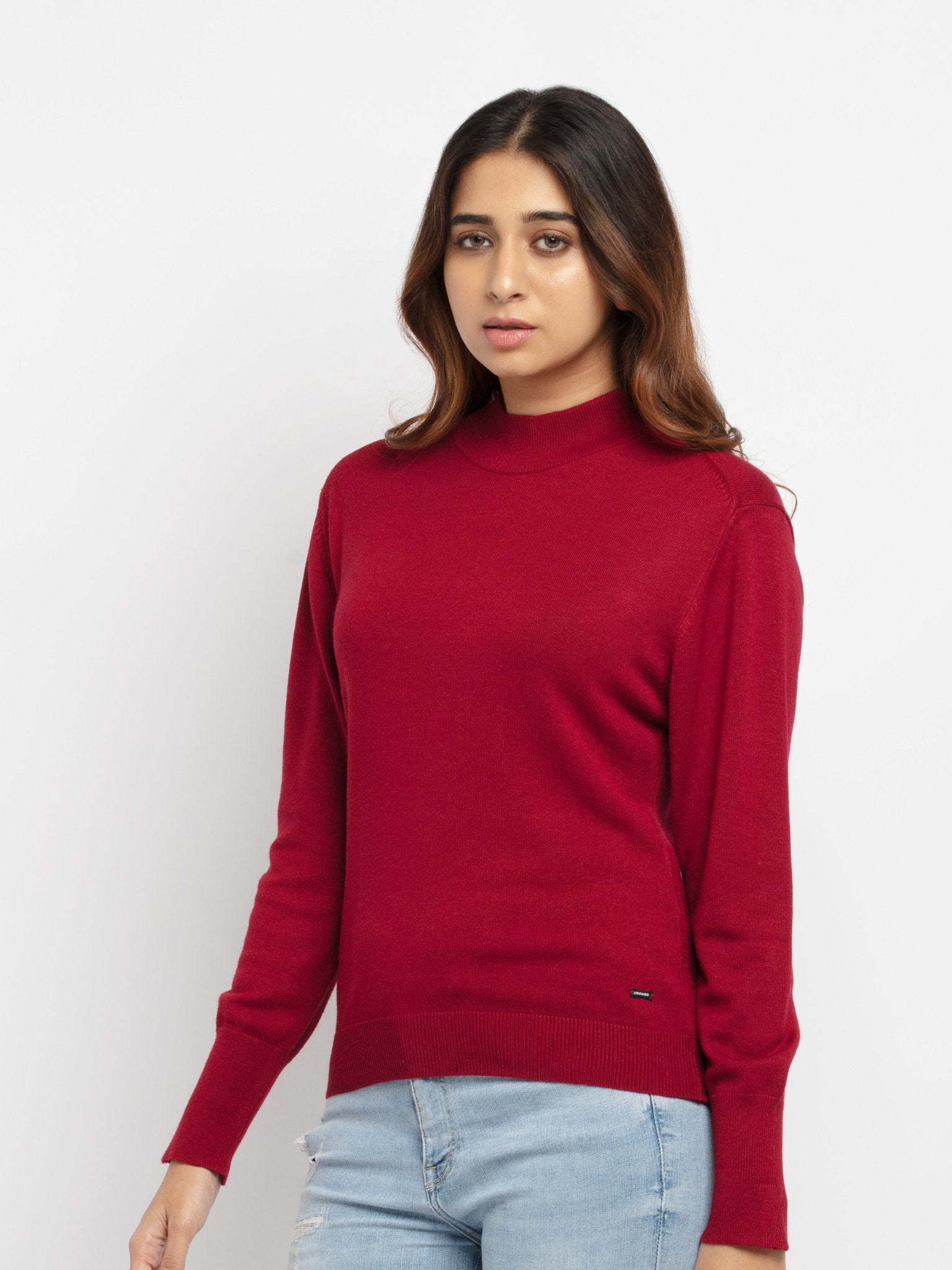 Women's High Neck Pullover S MAROON SQW-FK-21700-MAROON
