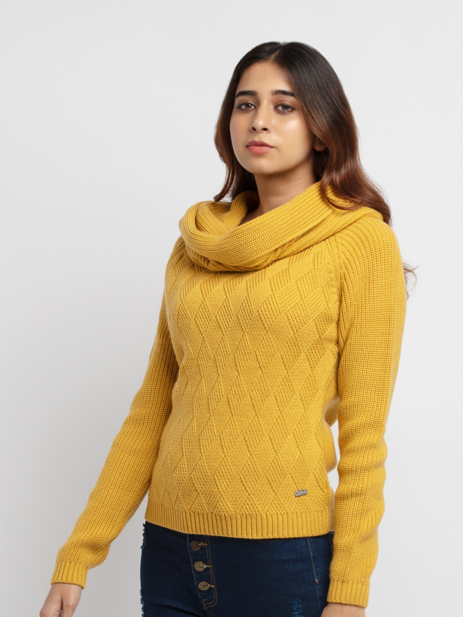 Women's Cowl Neck Sweater S MUSTARD SQW-FK-21705-MUSTARD