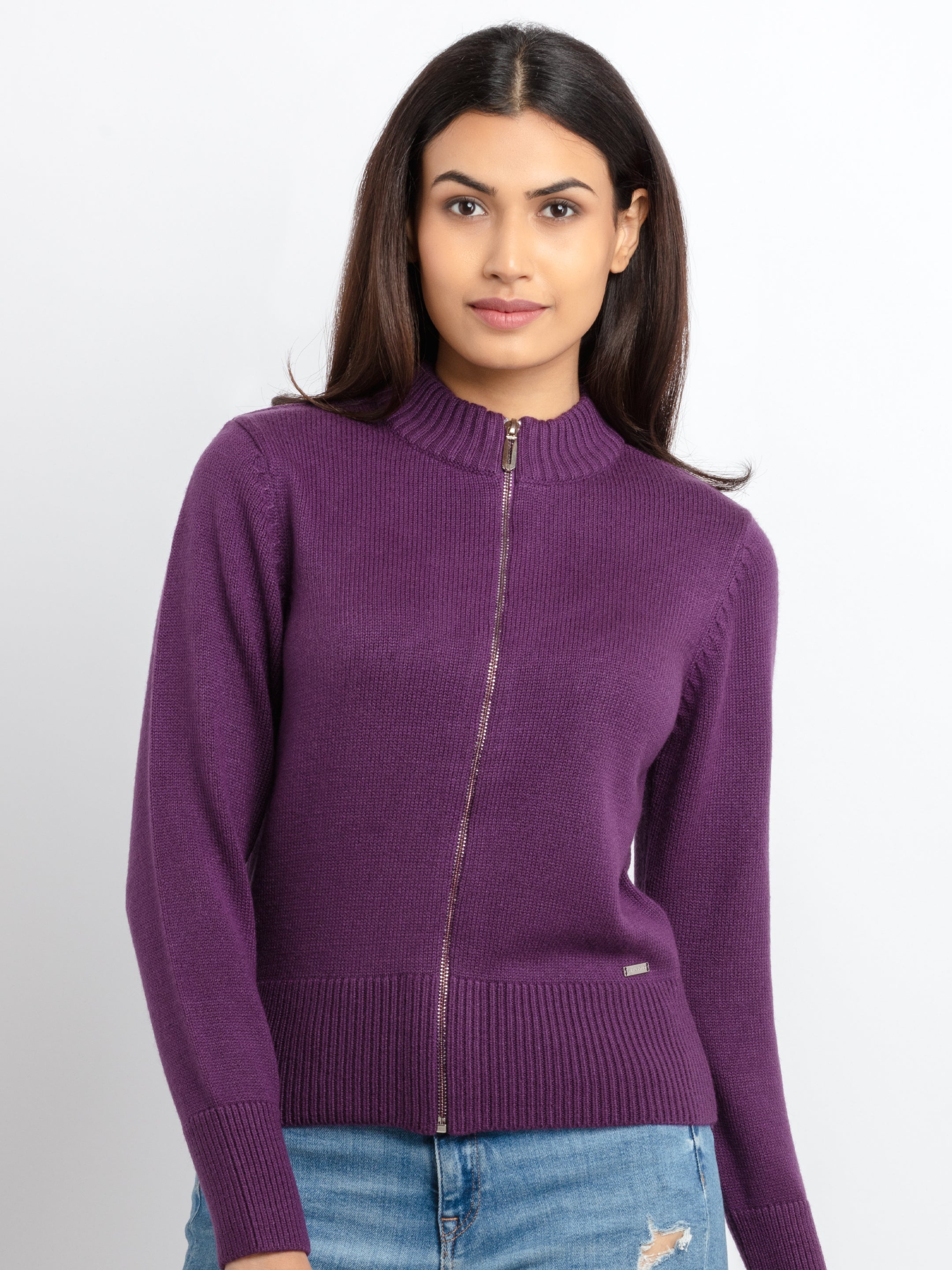 Womens Solid High Neck Sweater S Purple CR-SQW-FK-21721-Purple