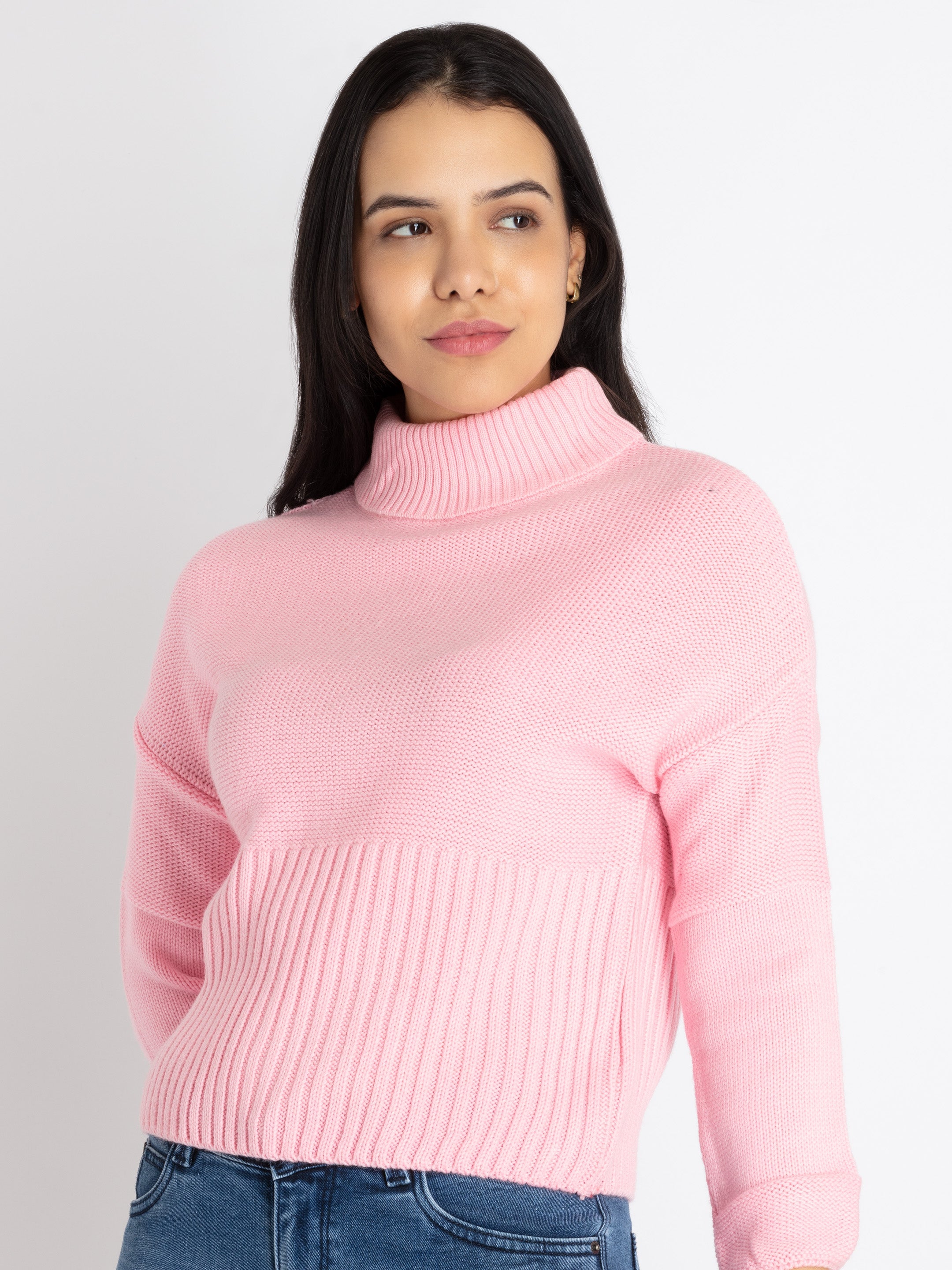 Womens Solid Turtle Neck Sweater S PINK SQW-FK-22976-PINK
