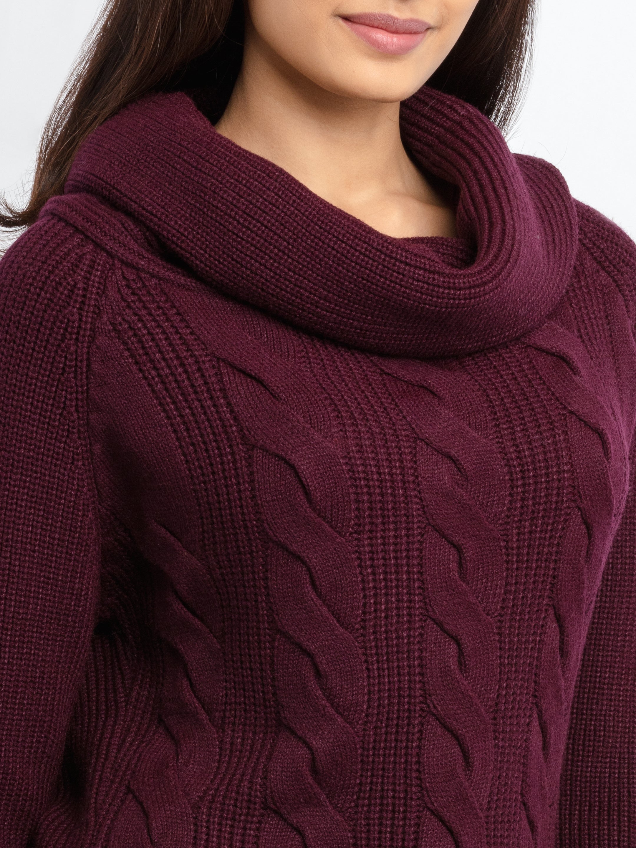 Womens Cable Knit Cowl Neck Sweater S Wine SQW-FK-22983-Wine