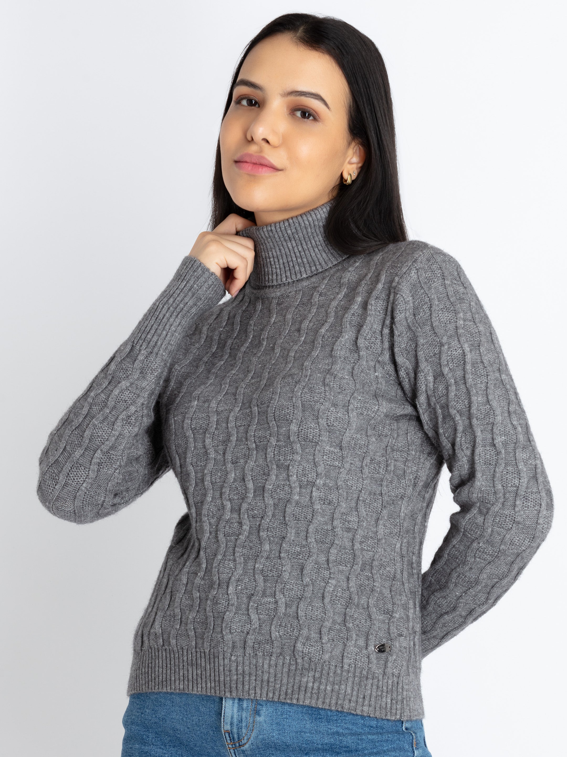 Womens Solid High Neck Sweater - M / GREY / SQW-FK-22989-GREY