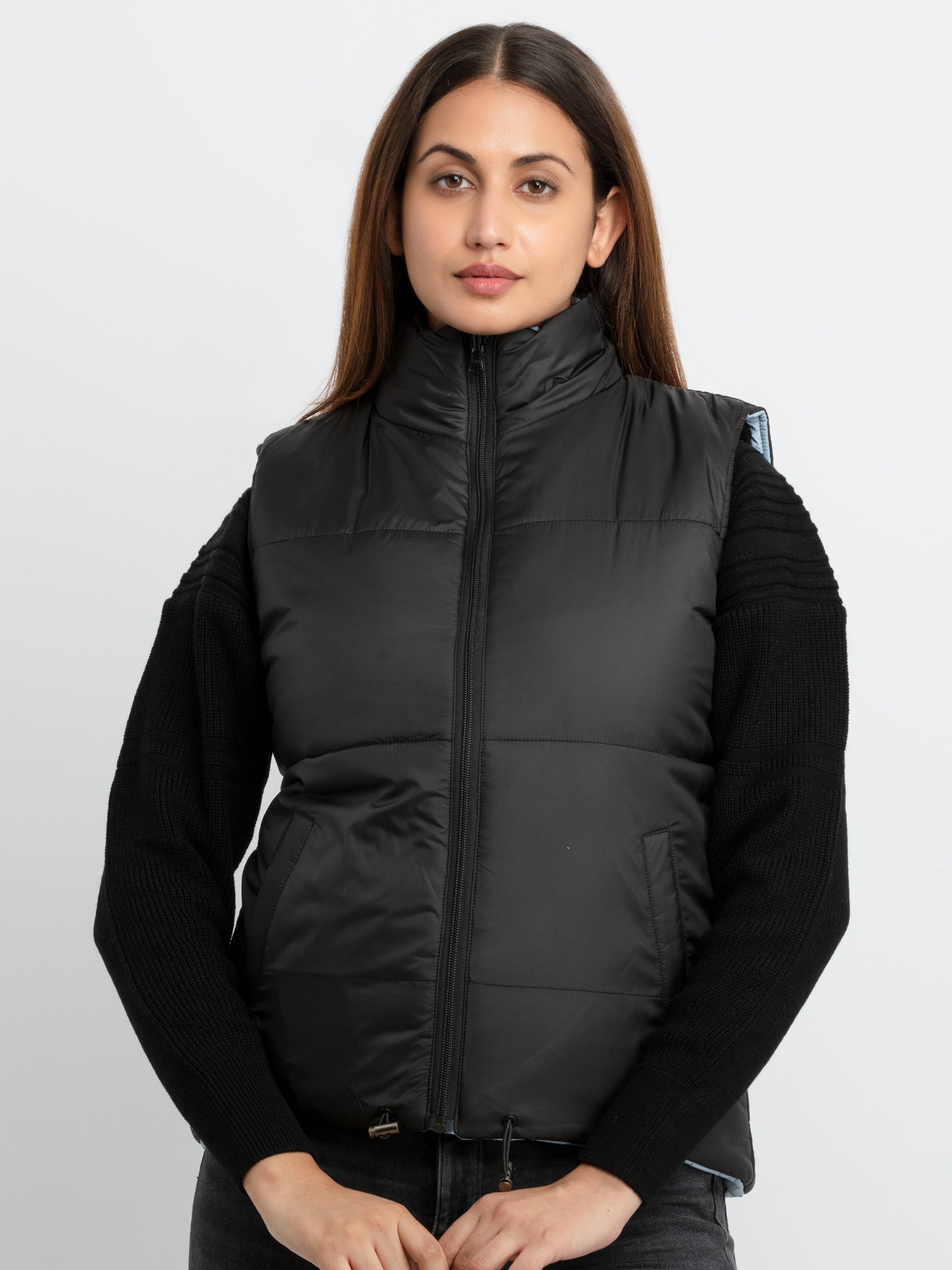 Womens Quilted Reversible High Neck Sleeveless Jacket