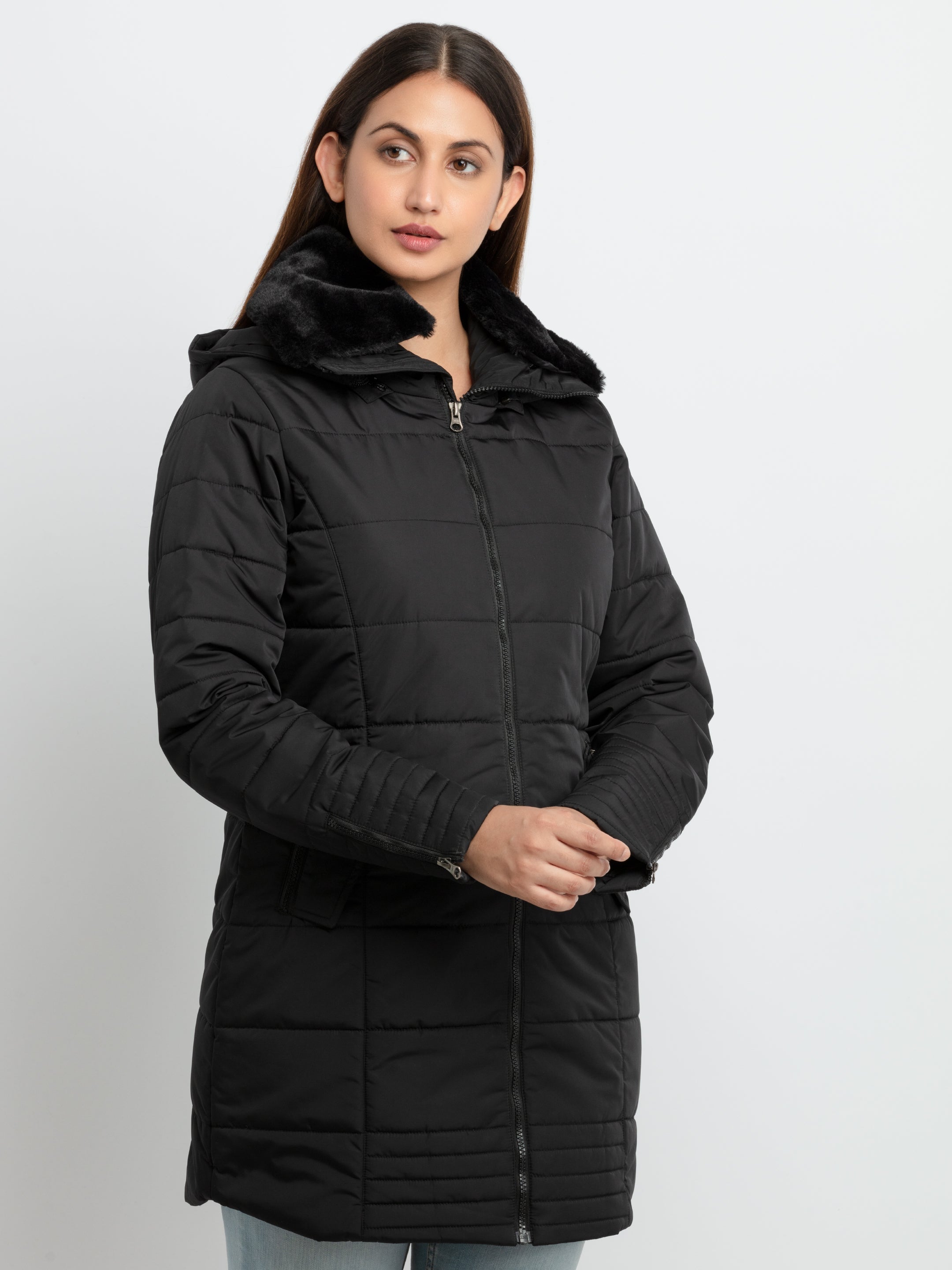 Womens Quilted Hooded Jacket M Black SQW-JKT-22951-Black