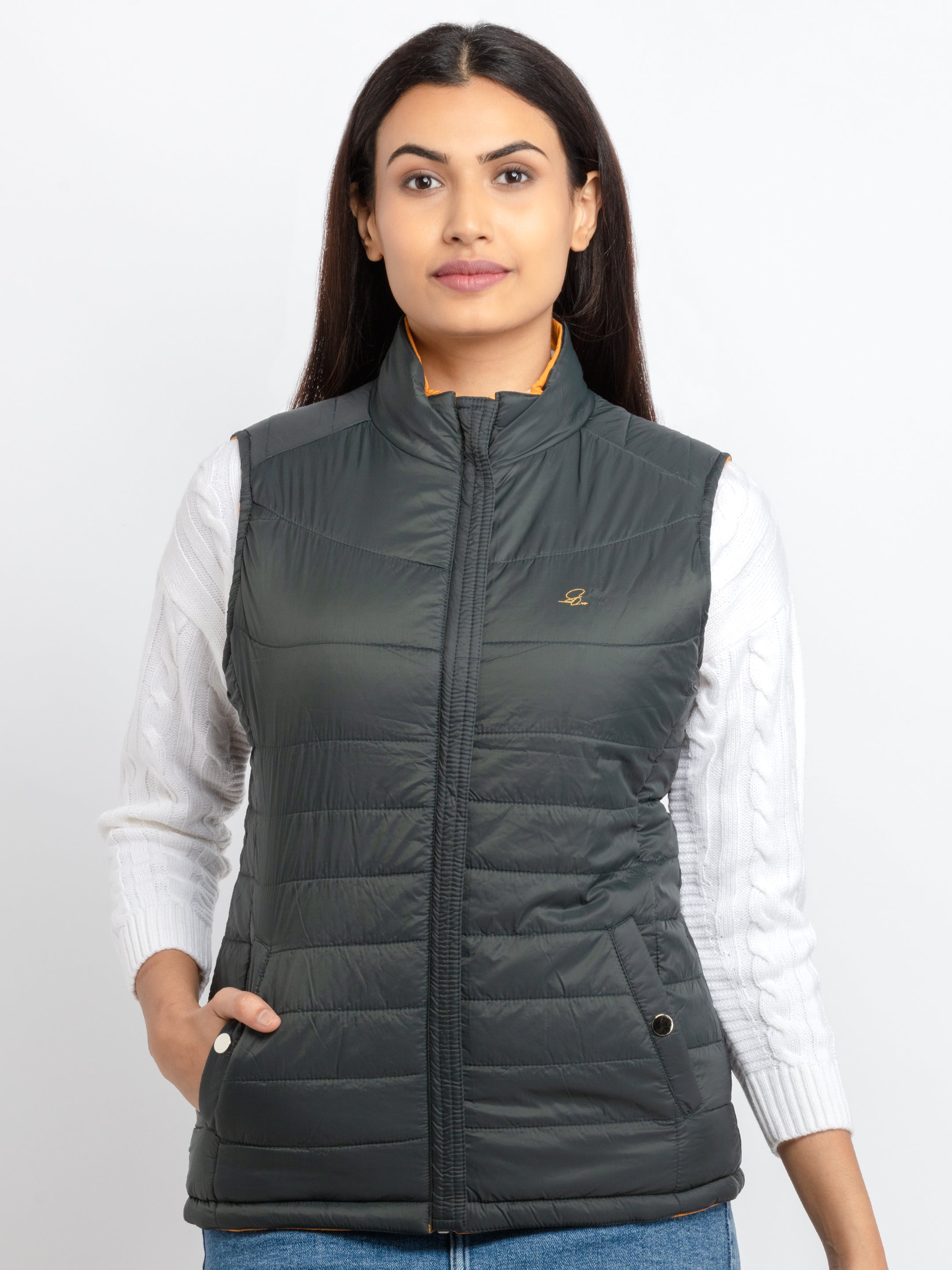 Womens Quilted Reversible High Neck Sleeveless Jacket