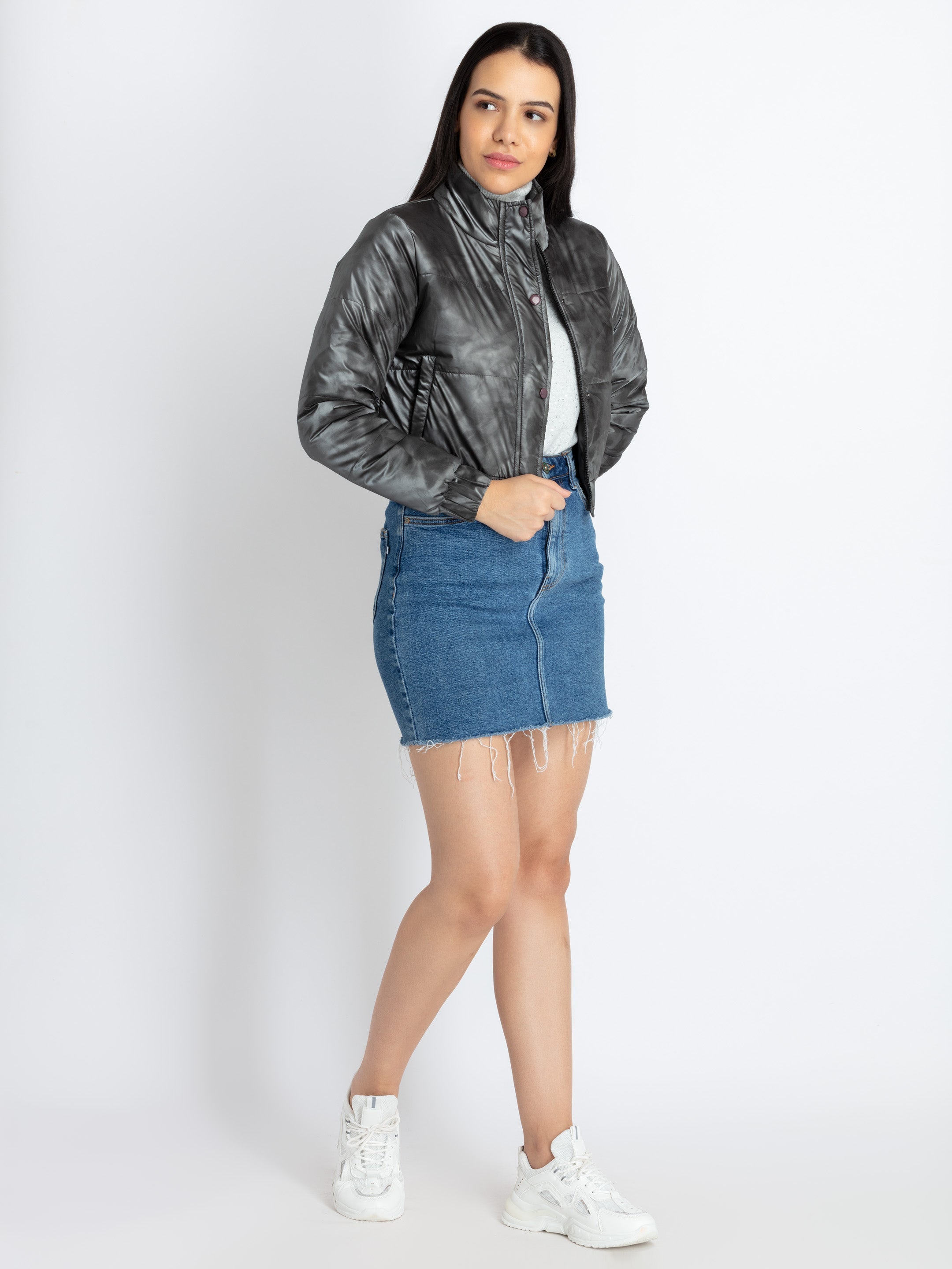 Womens Solid High Neck Jacket